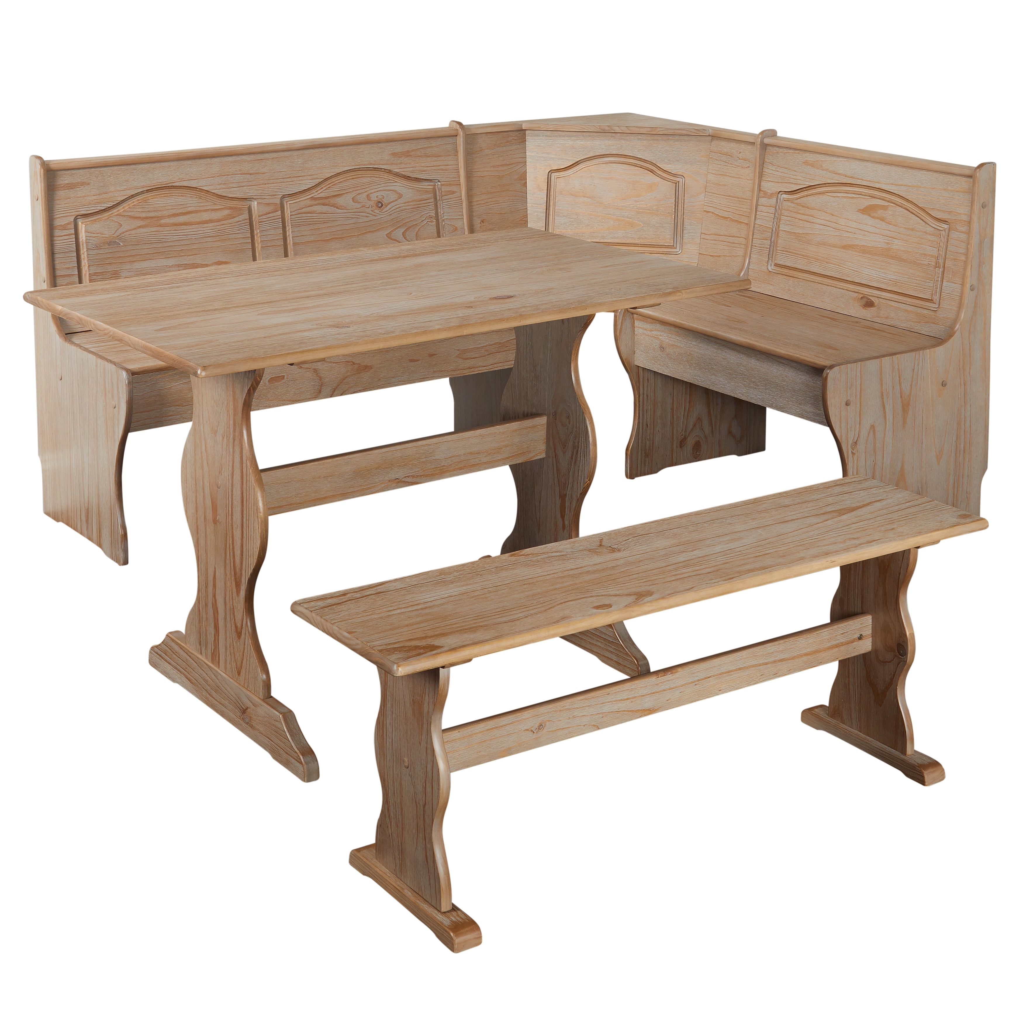 Natural Solid Pine 3-Piece Corner Dining Nook Set with Storage