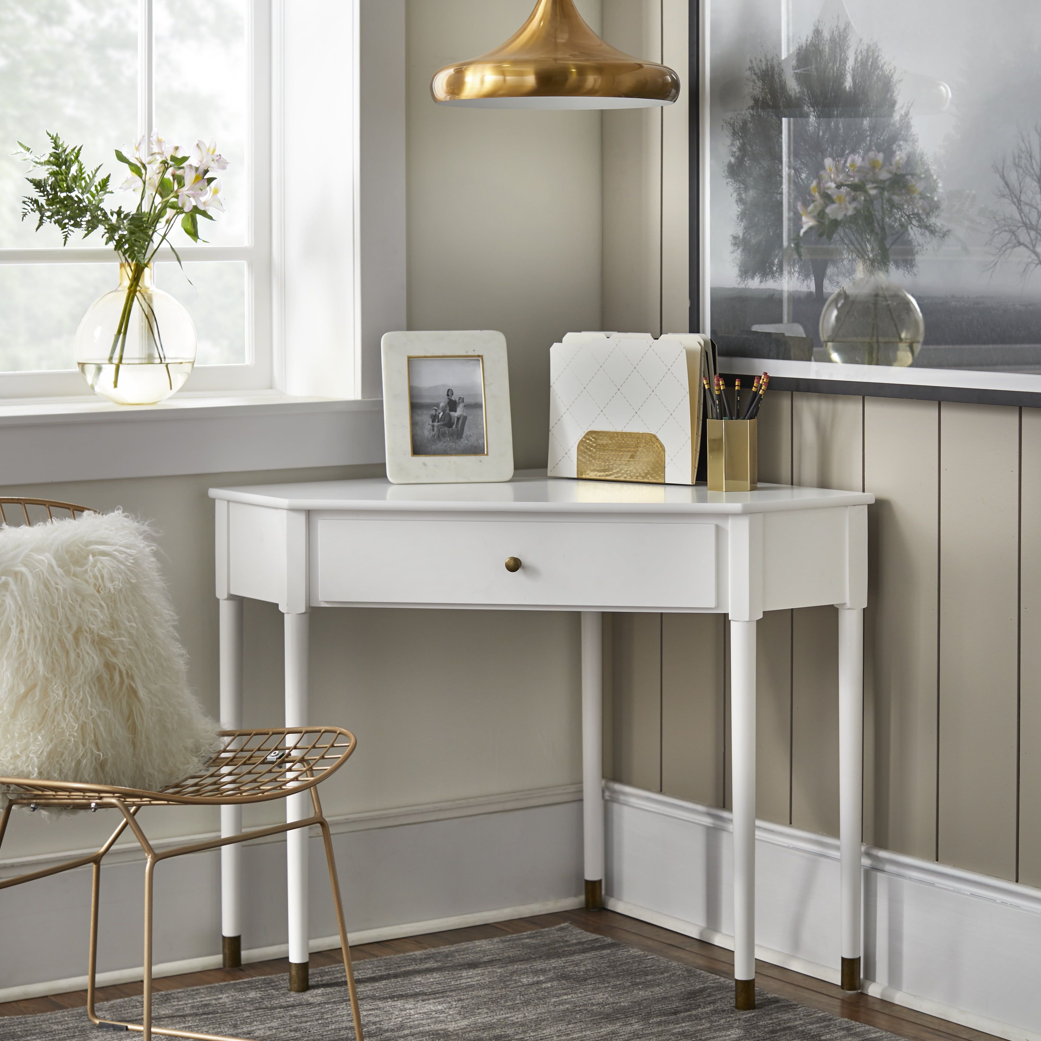 White Mid-Century Modern Corner Desk with Brass Accents