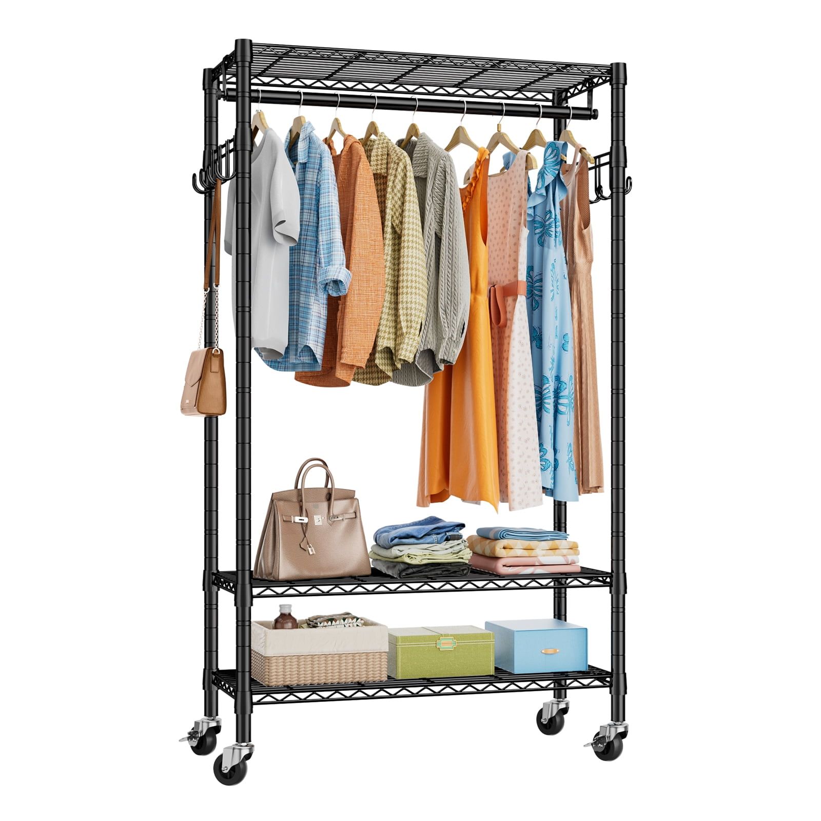 Black Metal Portable Clothes Rack with Adjustable Shelves and Wheels