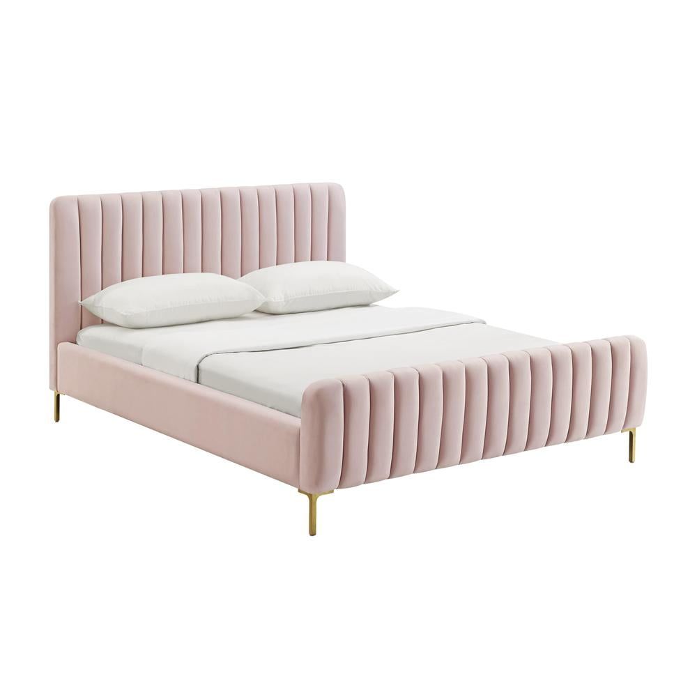 Blush Pink Velvet Full Platform Bed with Tufted Upholstery