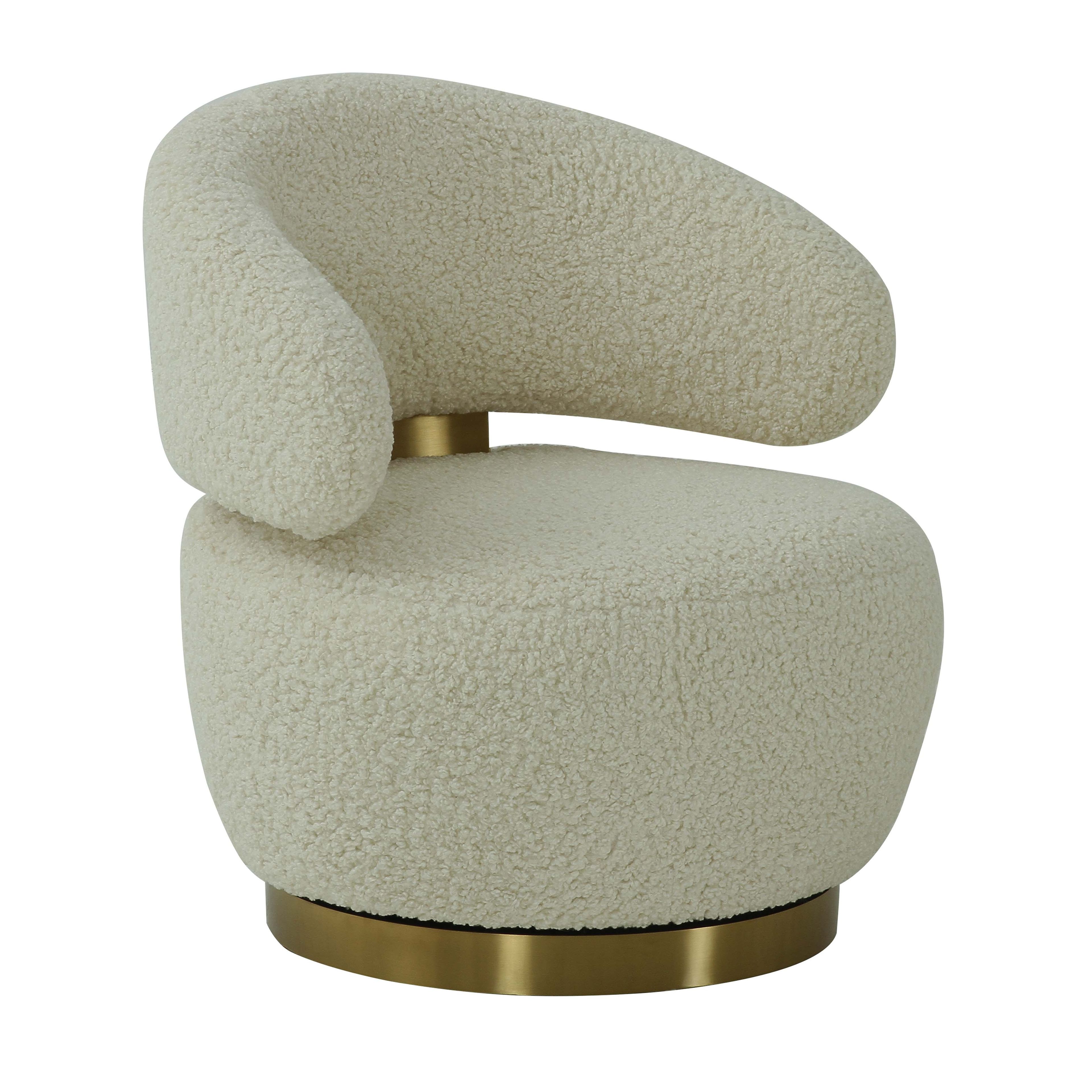 Beige Velvet Barrel Swivel Chair with Brass Base