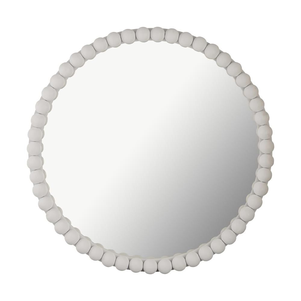 Baria 30" White Wood Round Wall Mirror with Beaded Frame