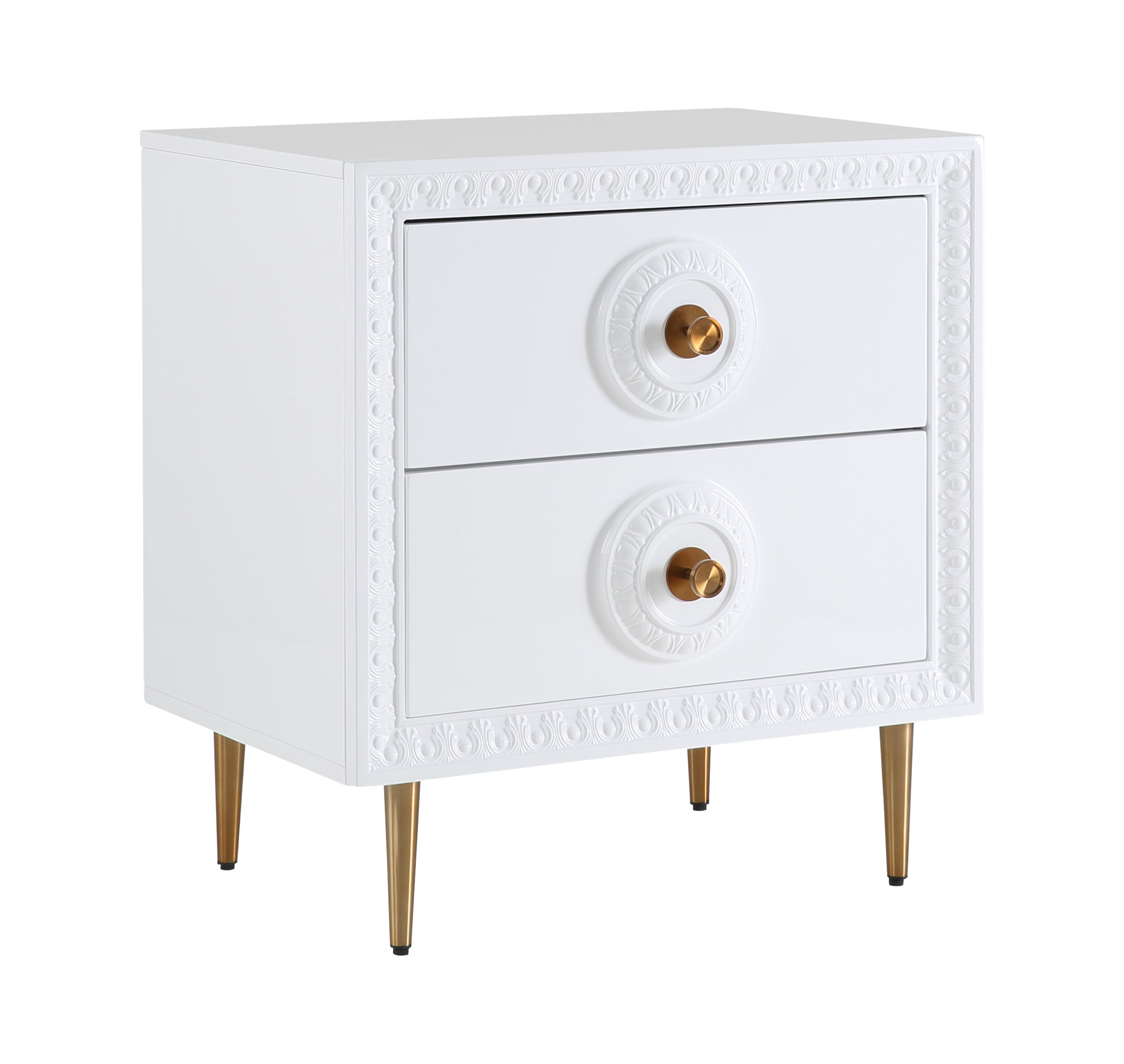 White Lacquer Rectangular Nightstand with Gold Accents