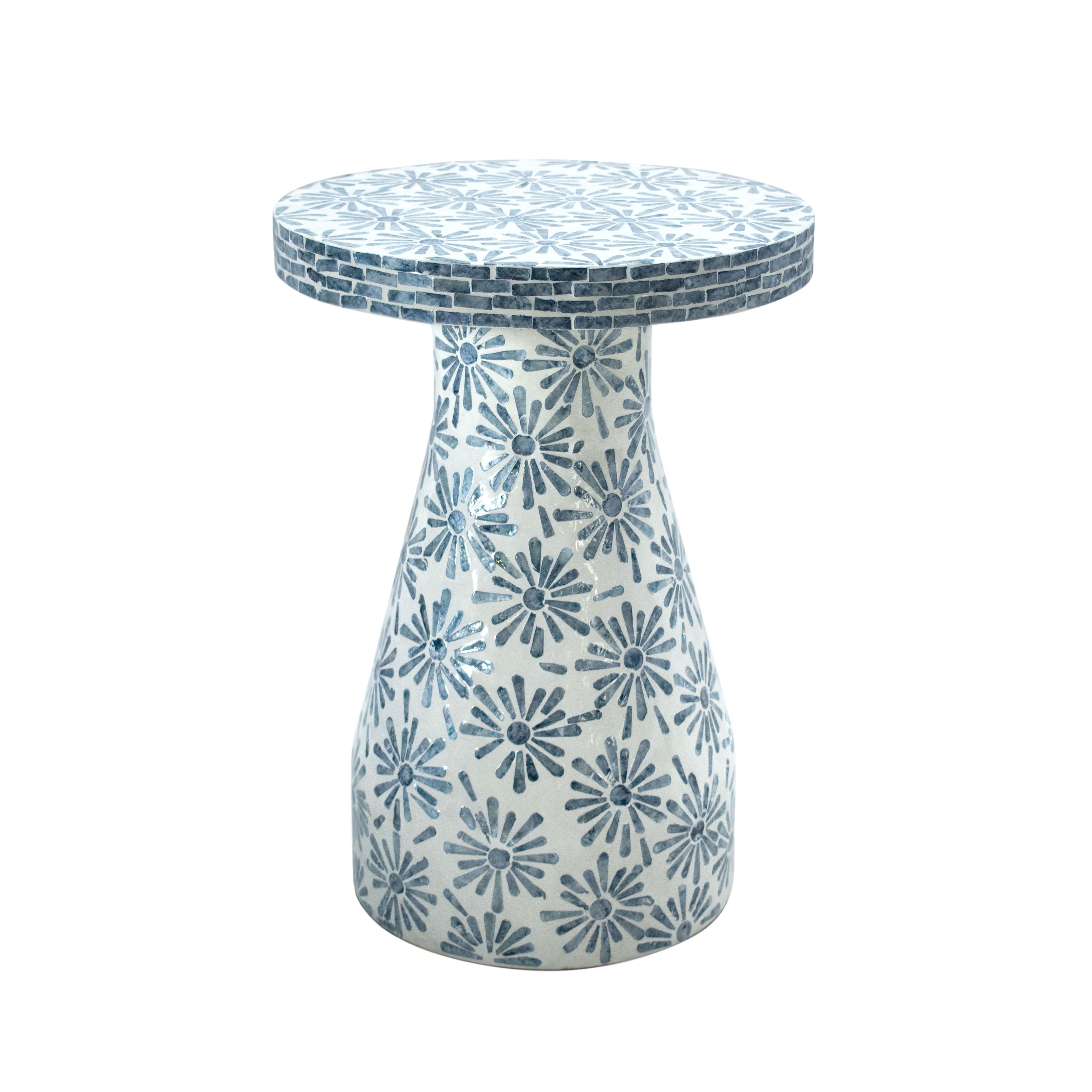 Blue Floral Seashell Round Side Table