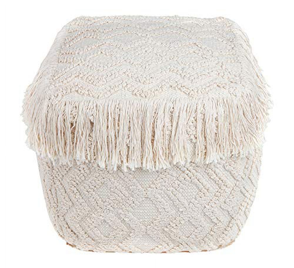 Beige Cotton Geometric Tassel Pouf Ottoman