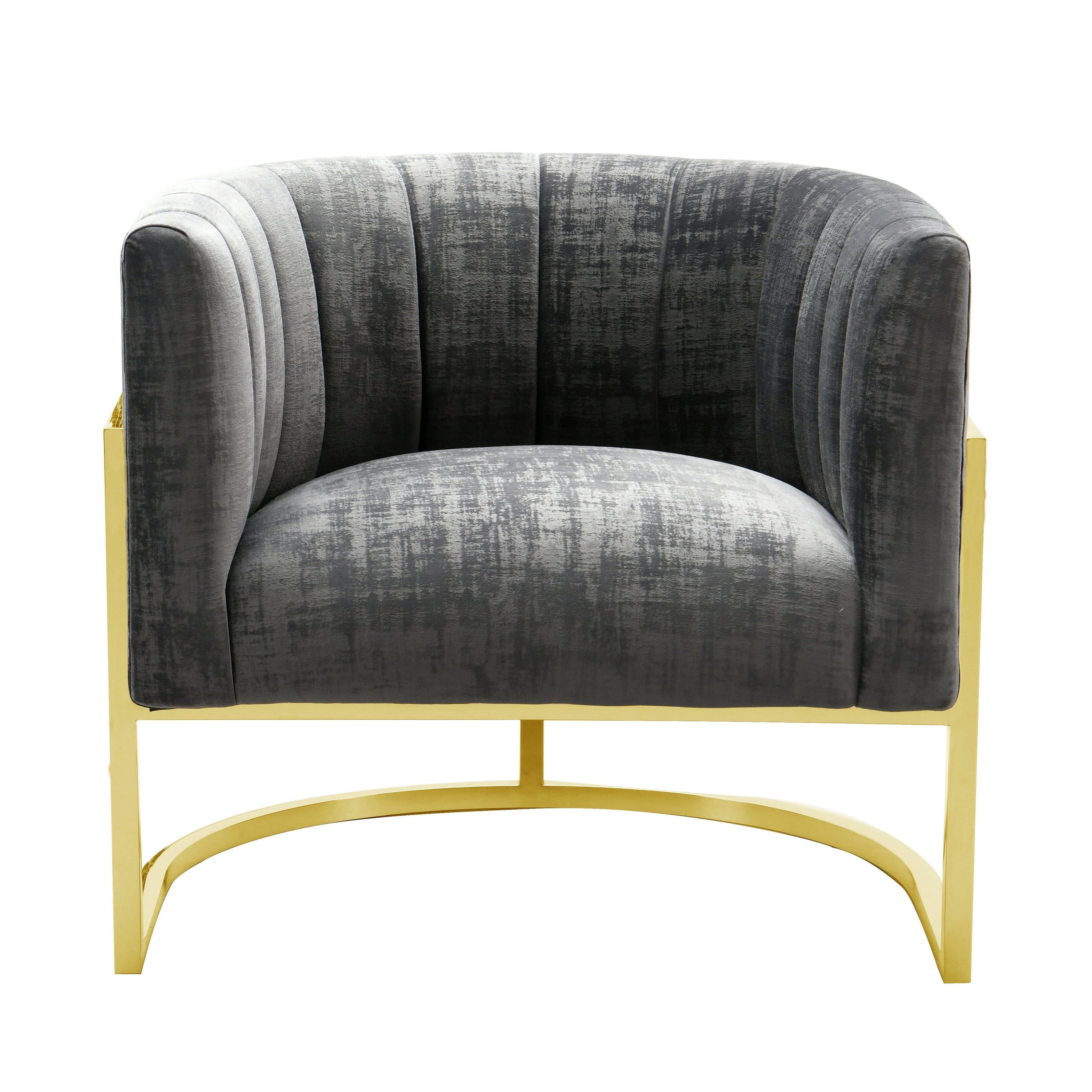 Grey Washed Velvet Accent Chair with Gold Metal Frame