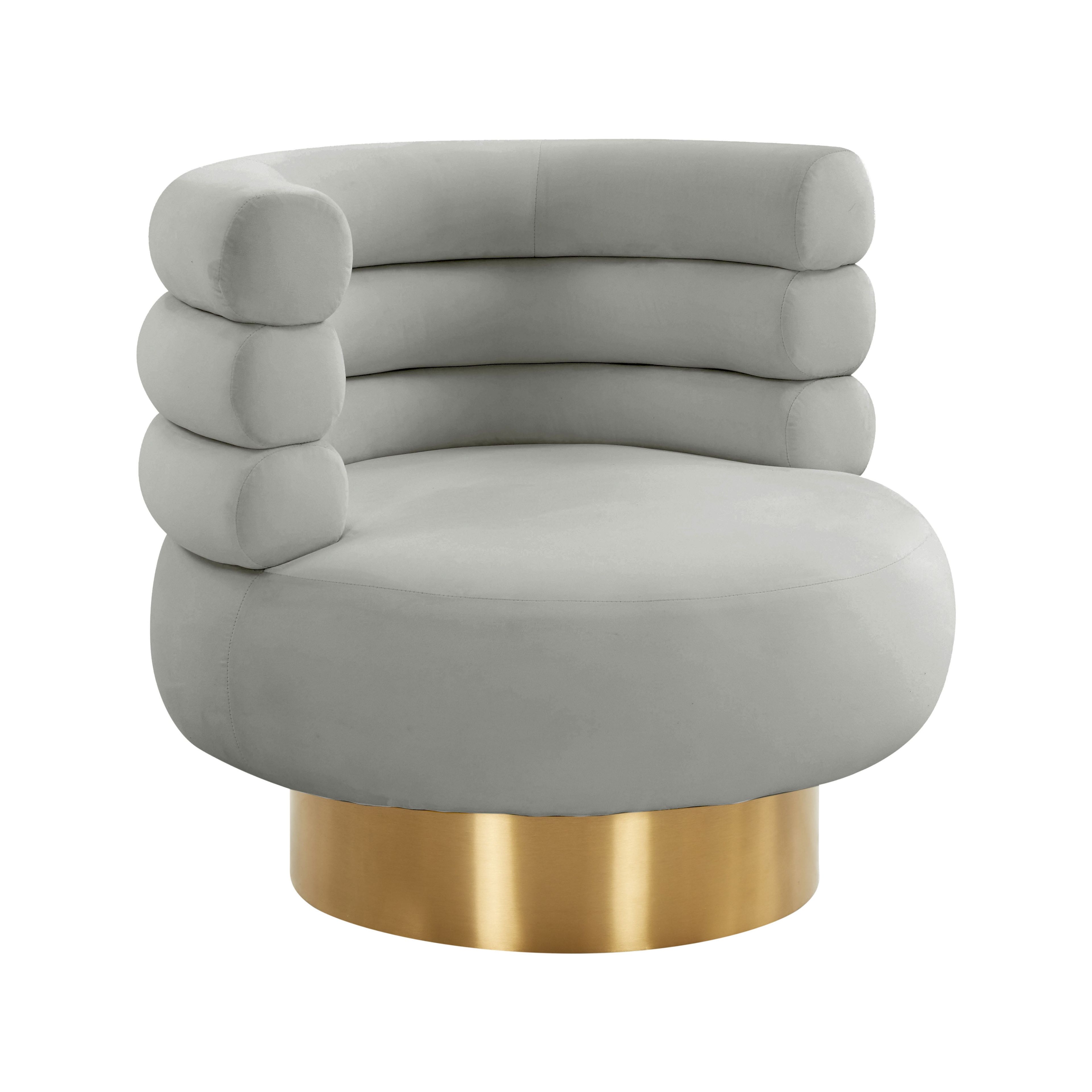 Gray Velvet Tufted Swivel Chair with Wood Base