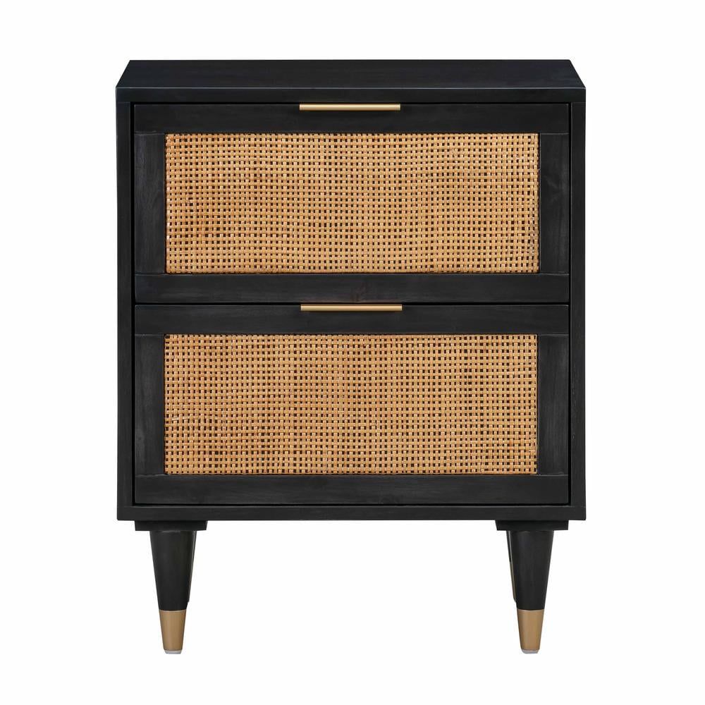 Black Wood Nightstand with Rattan Accents and Brass Handles