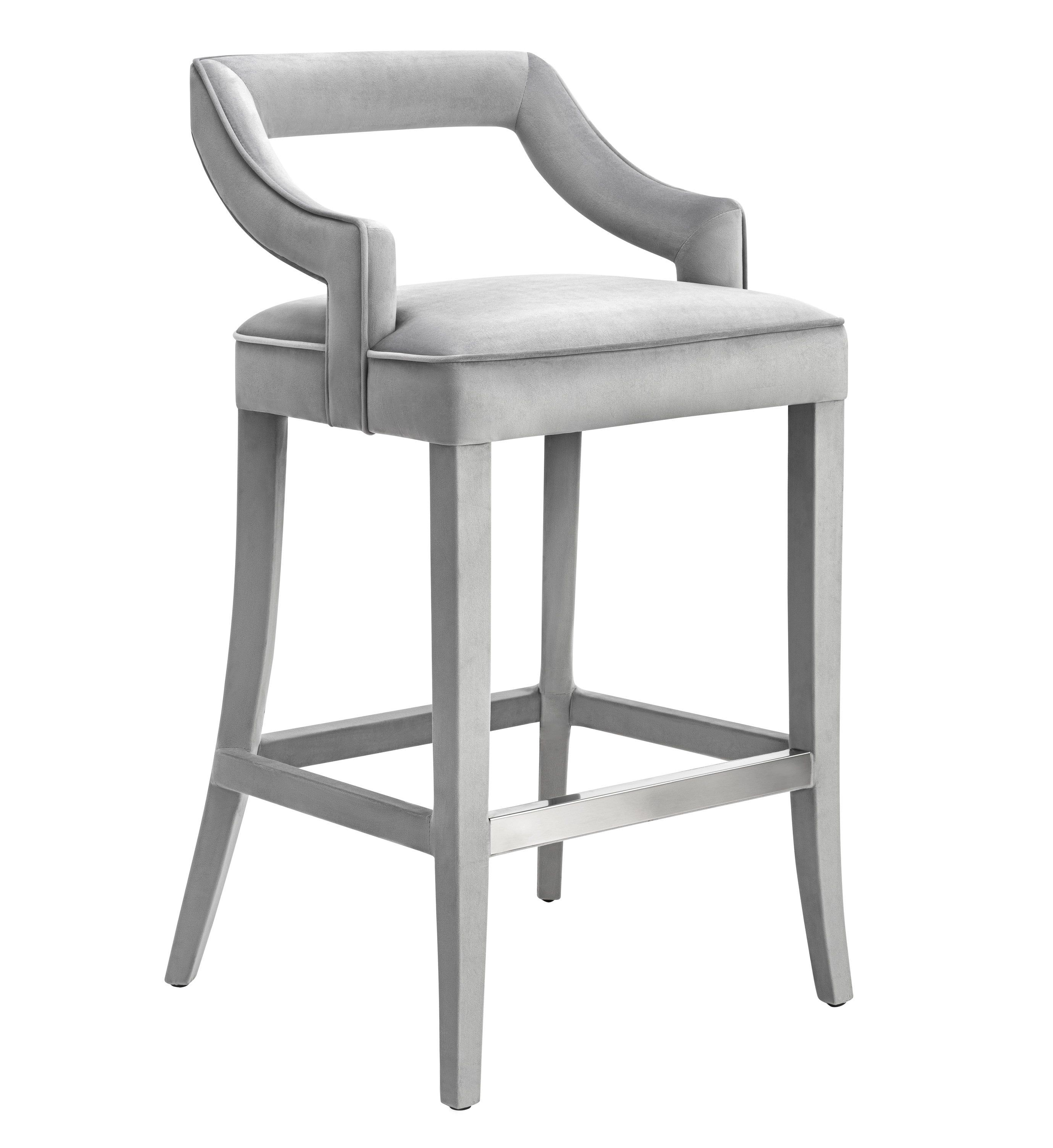 Elegant Grey Velvet & Metal Bar Stool with Silver Footrest - 21.7"W