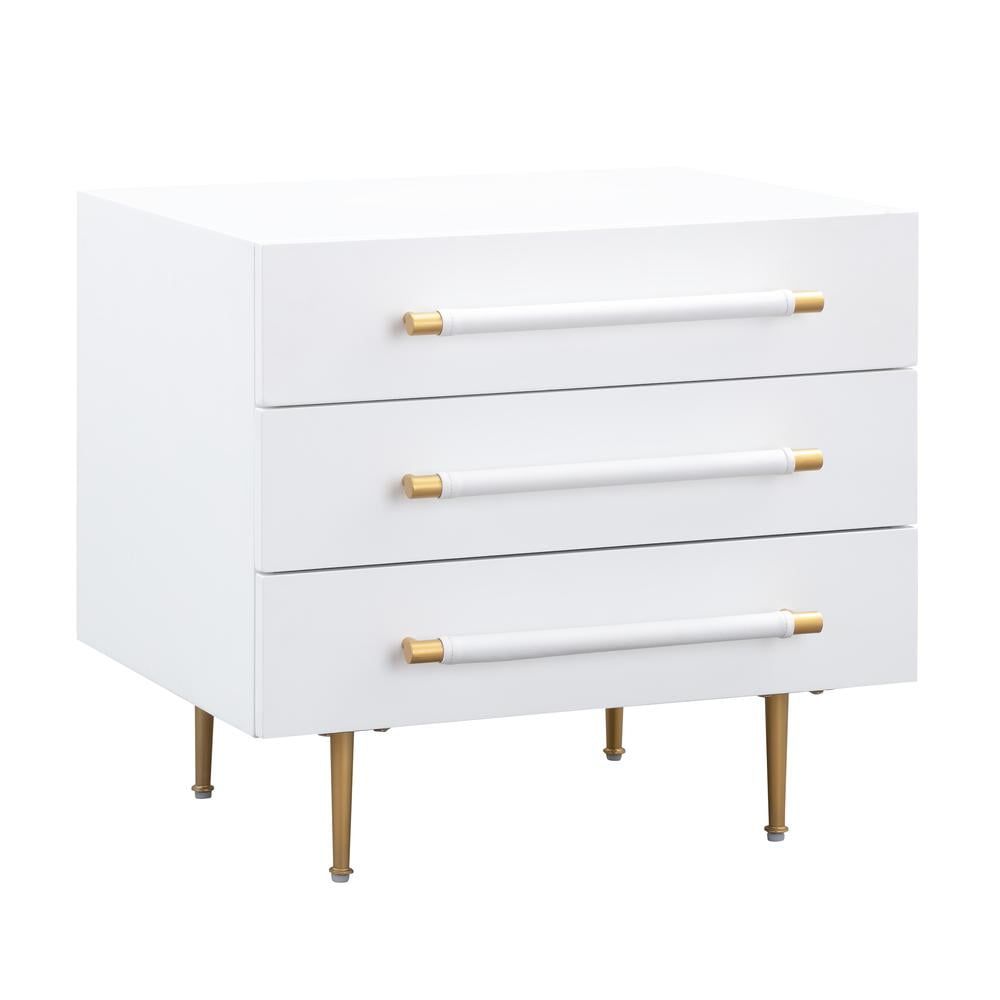 White 3-Drawer Nightstand with Brass Accents and Tapered Legs