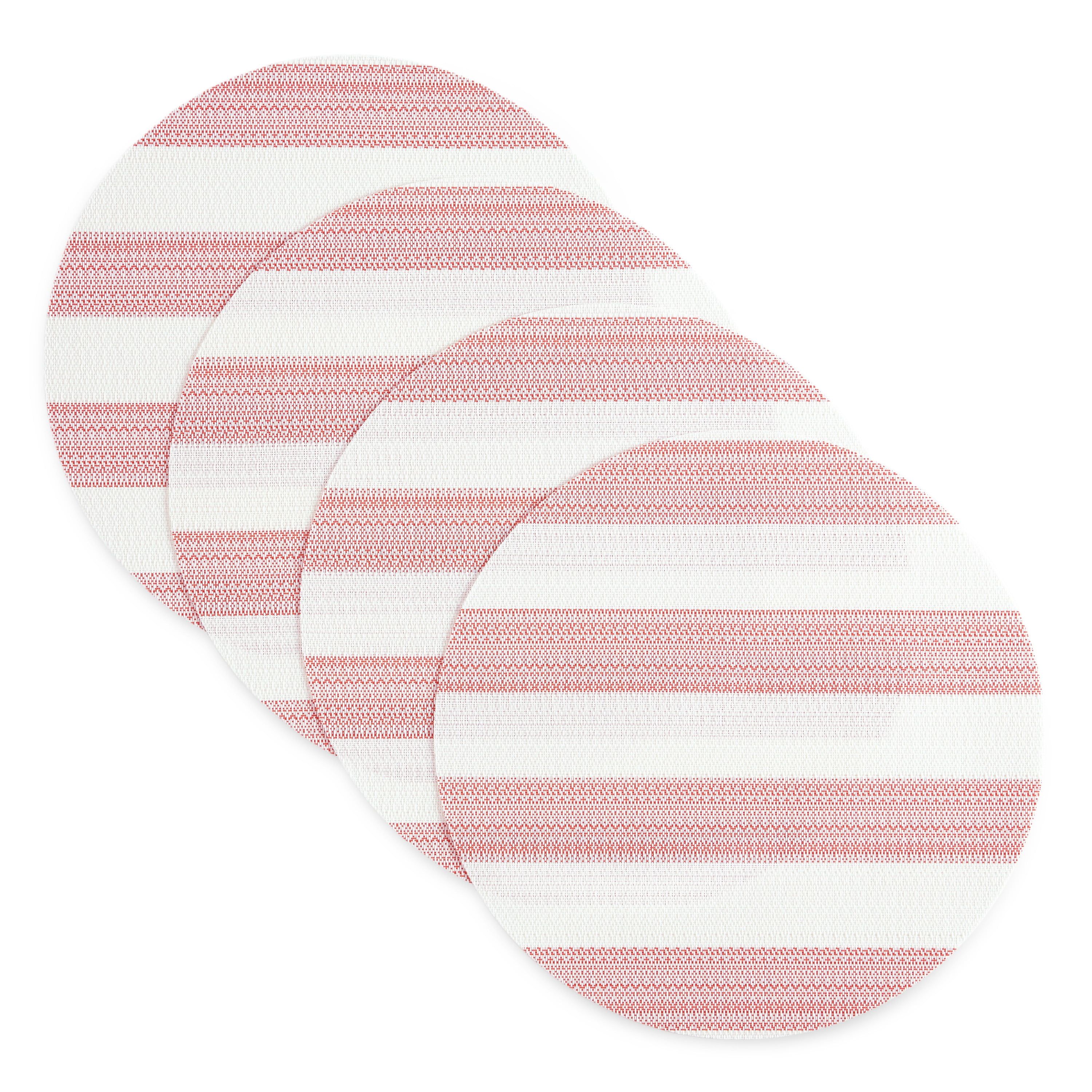 Red and White Cabana Stripe Round Vinyl Placemats, 15" Set of 4