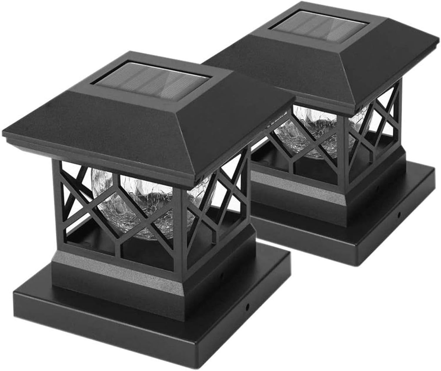 Black Solar LED Post Cap Lights with Cracked Glass Design