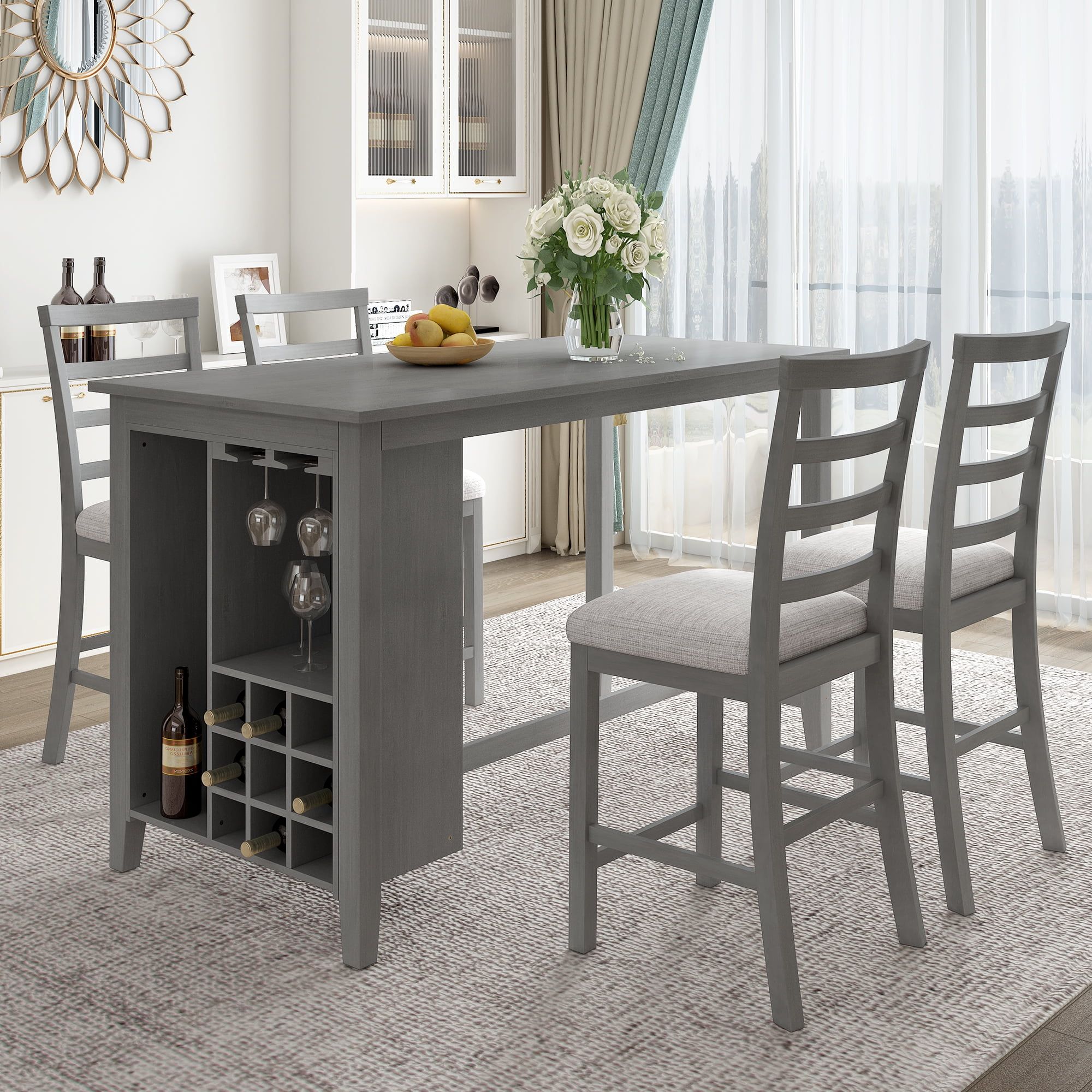 Gray Rubber Wood Counter Height Dining Set with Wine Storage