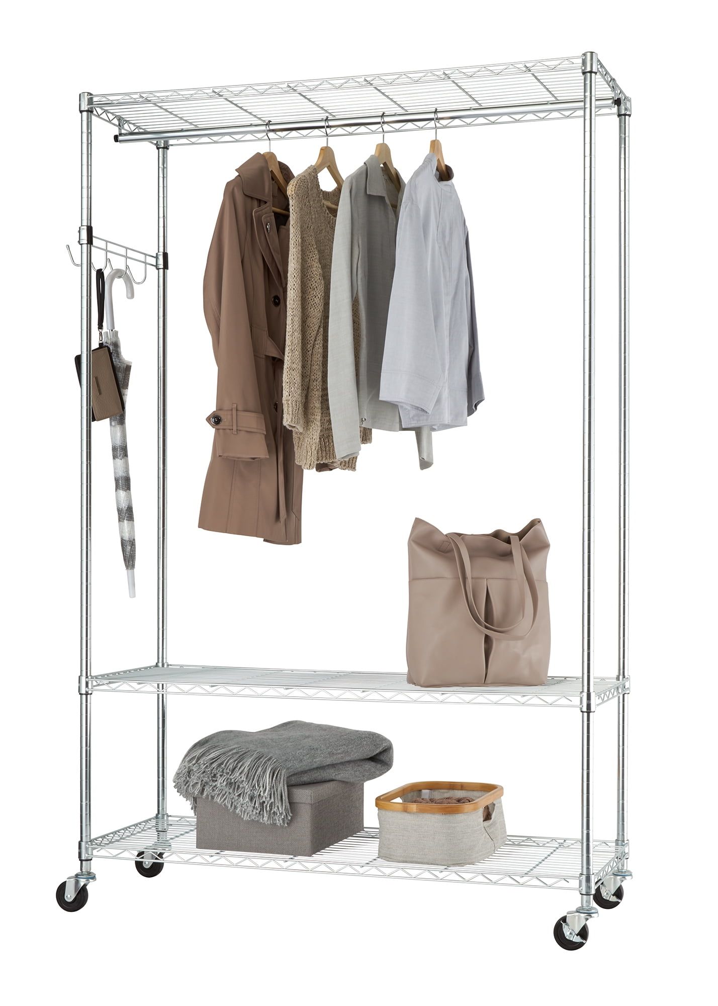 Chrome 3-Tier Rolling Garment Rack with Hooks