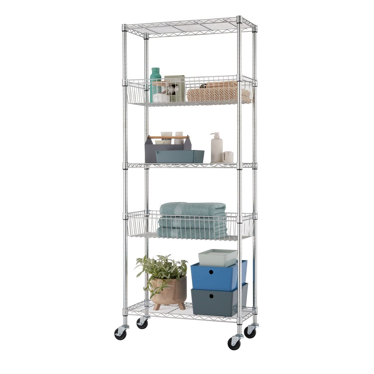 Chrome 5-Tier Modular Wire Shelving with Baskets and Wheels