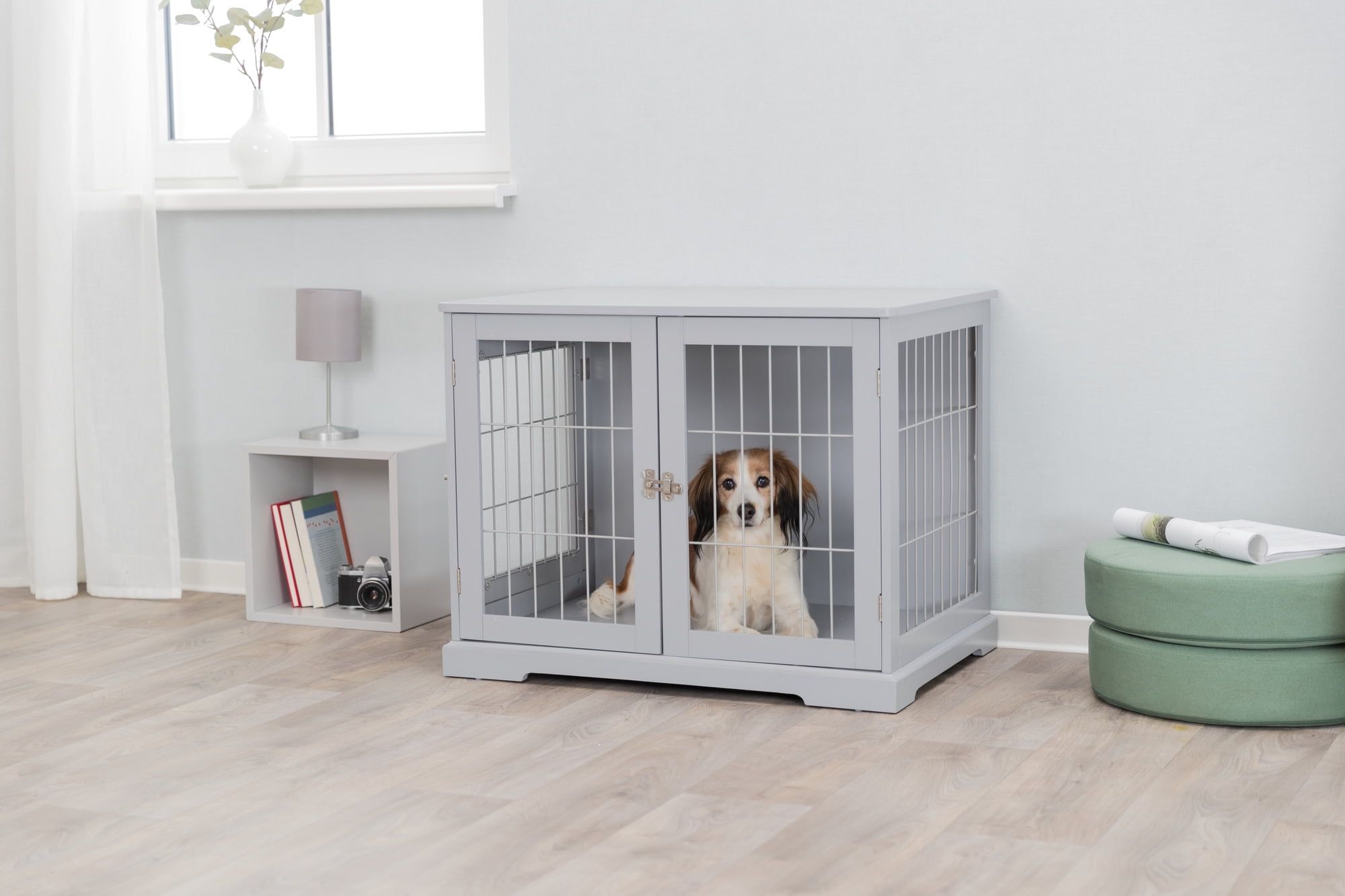 Gray Wooden Small Dog Crate Table with Lockable Doors