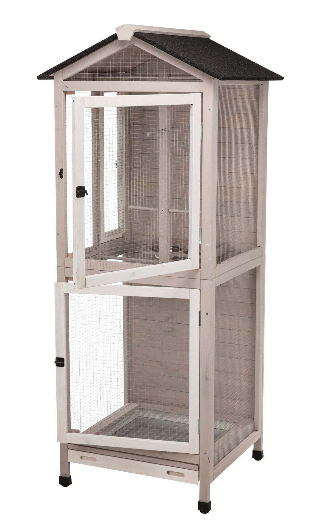 Gray and White 67" Wooden Aviary with Perches and Doors