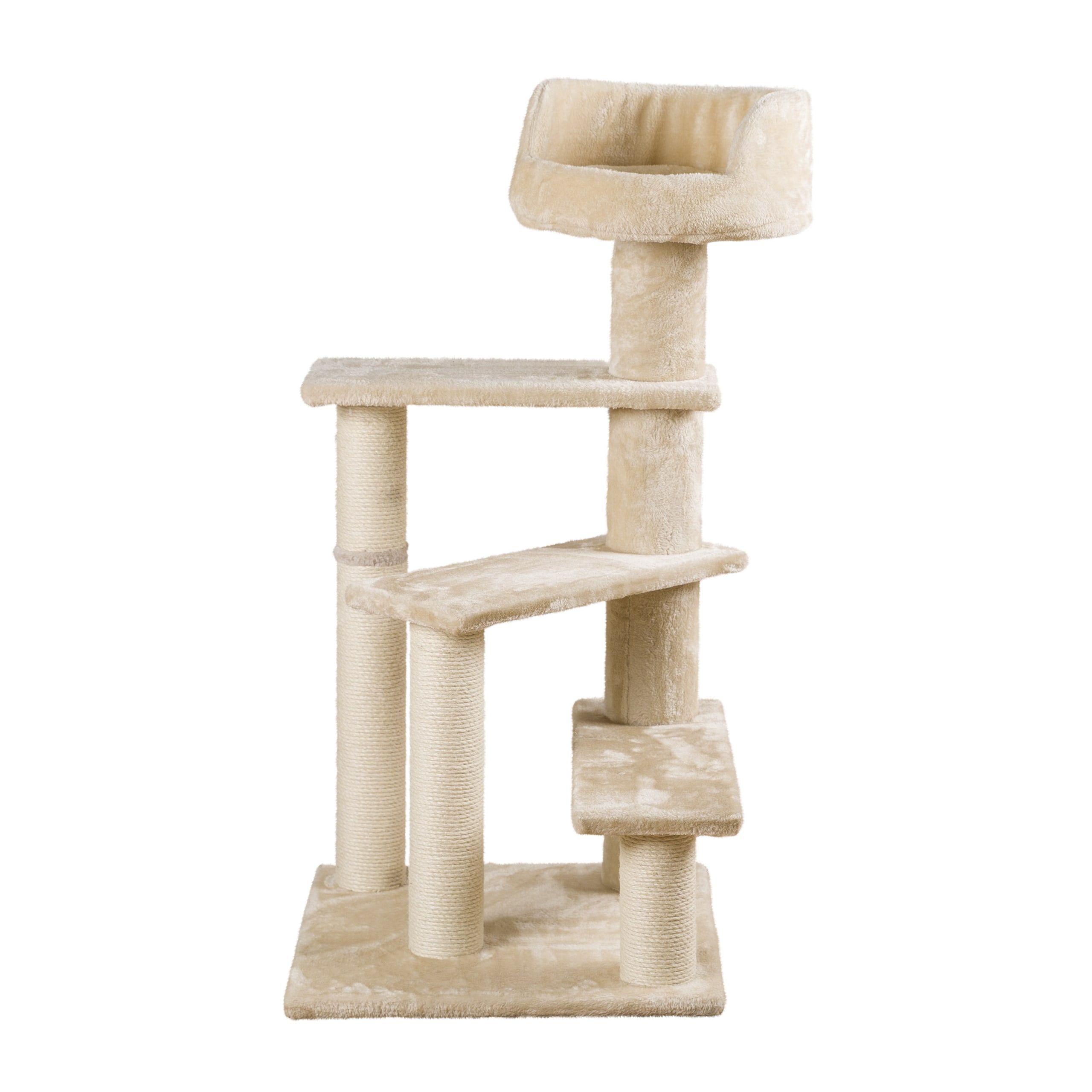 Beige Plush and Sisal 4-Level Cat Tree with Bed