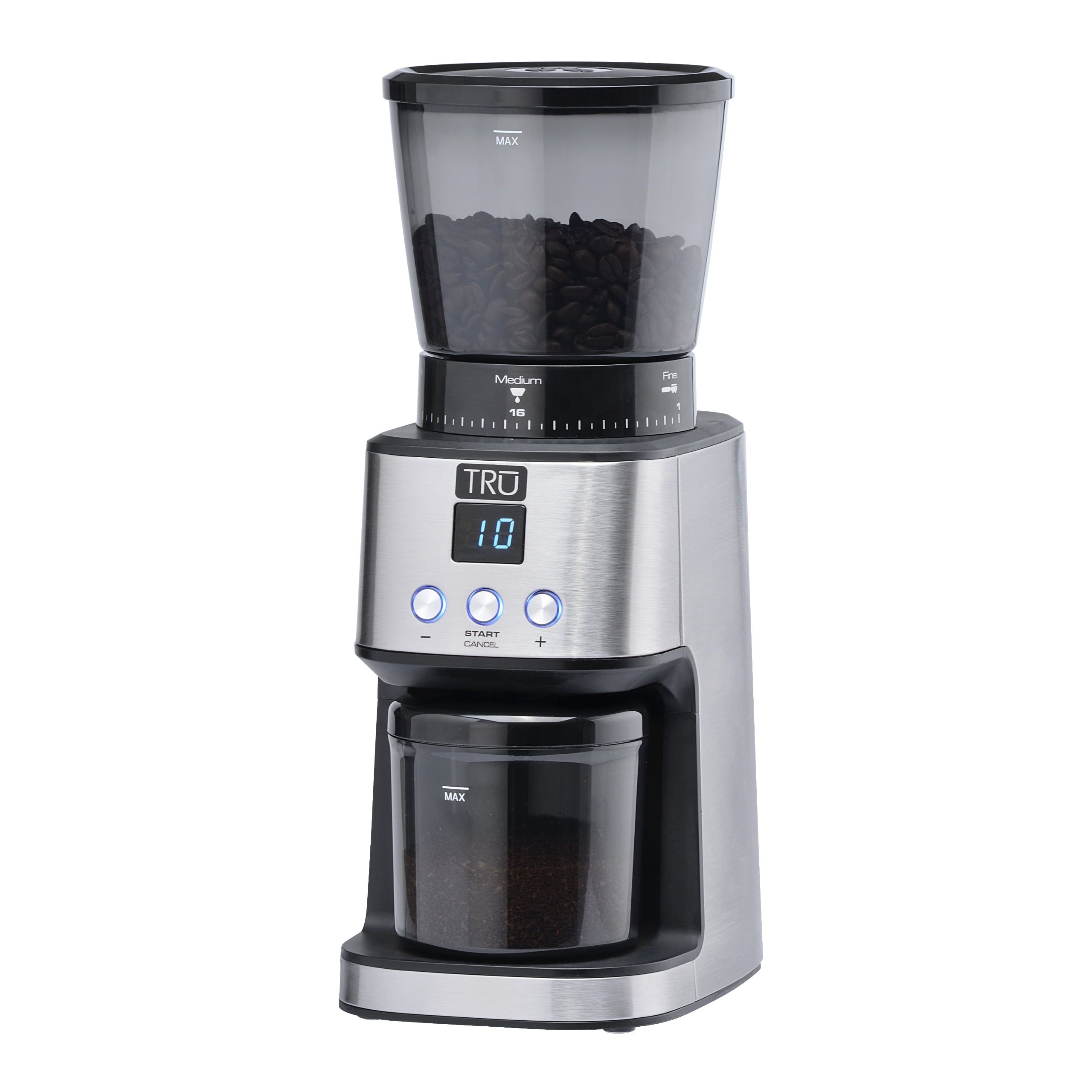 TRU Large Capacity Silver Electric Conical Burr Coffee Grinder