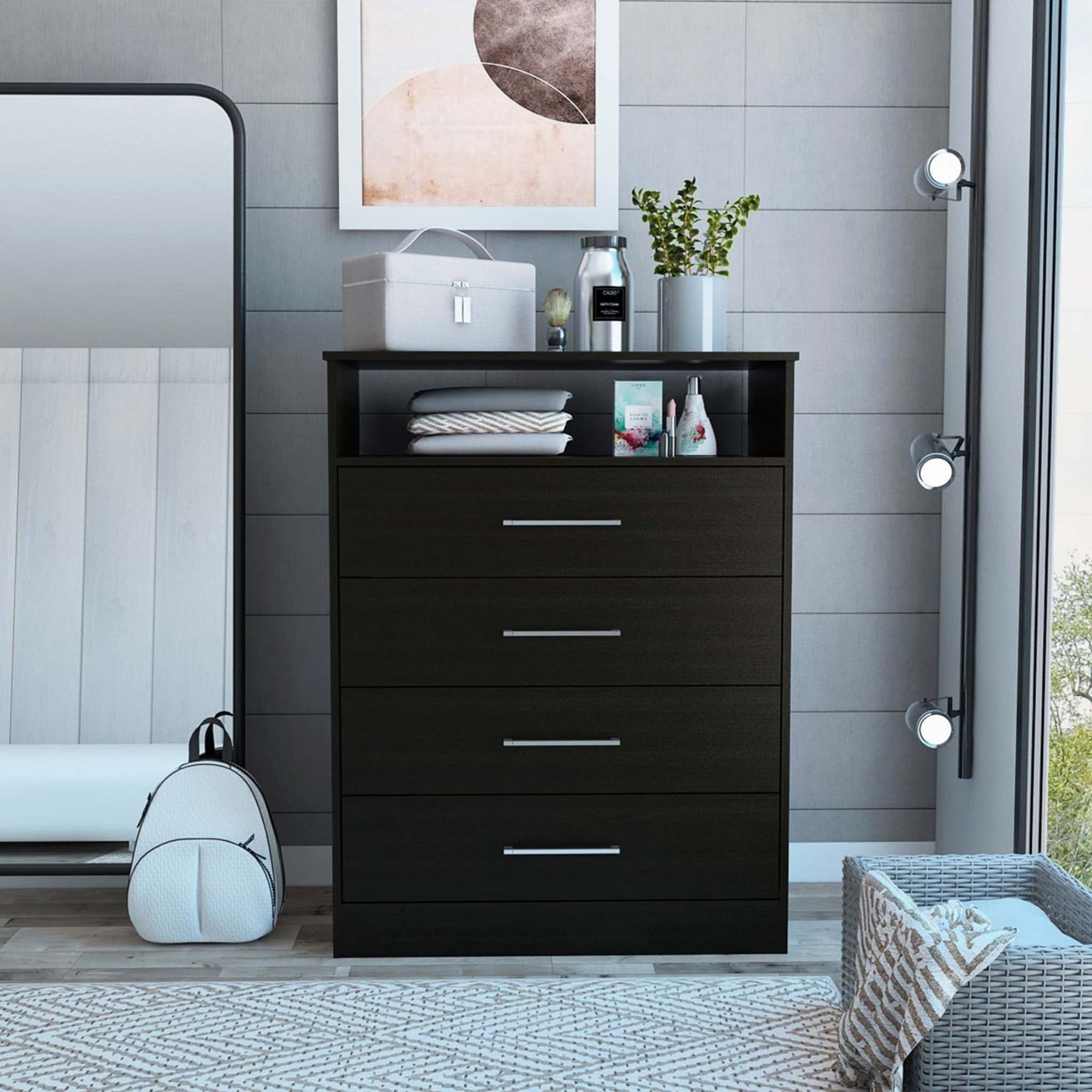 Sleek Black Modern Engineered Wood 35" Bathroom Mirror Cabinet with Shelf