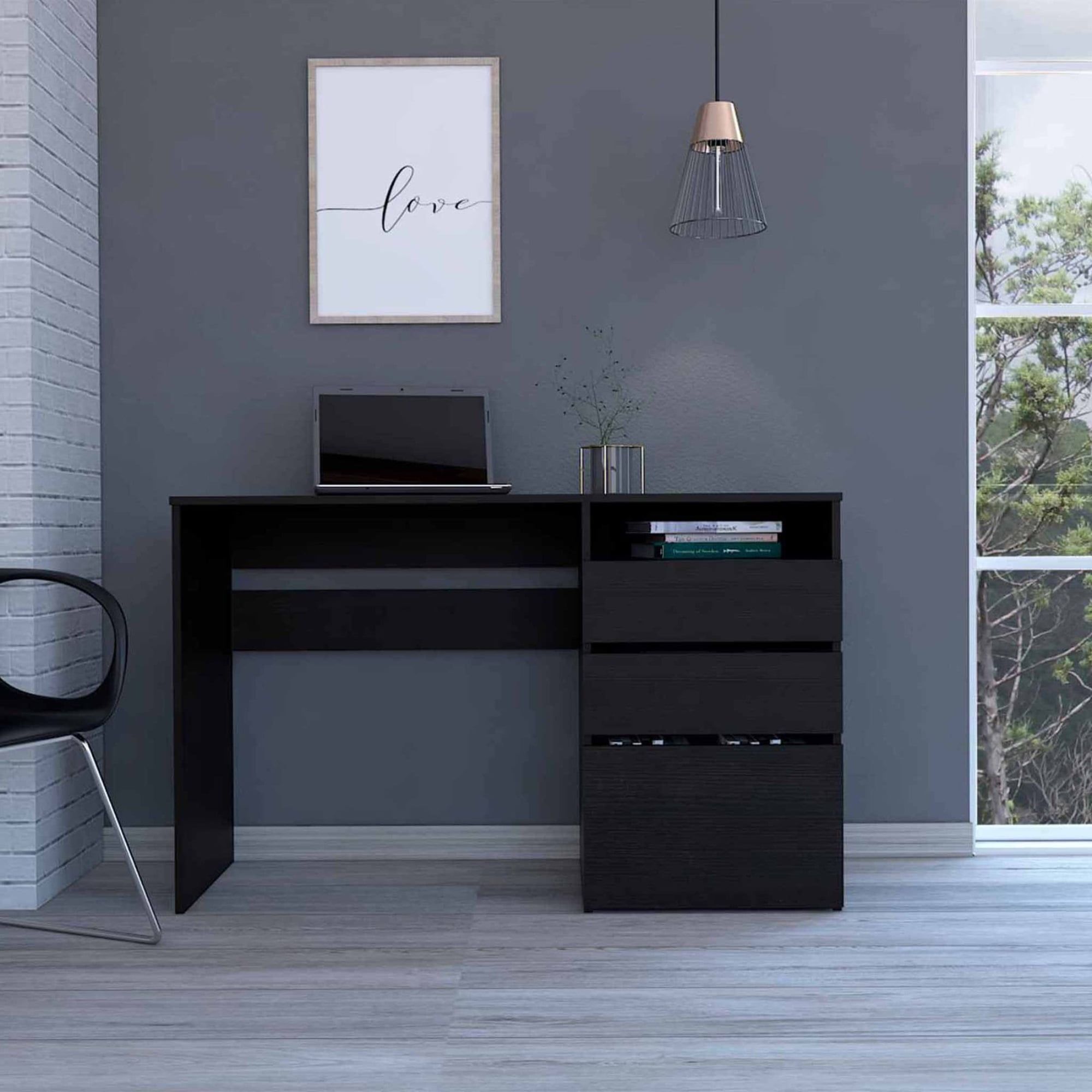 Oslo Black Engineered Wood Computer Desk with Three Drawers