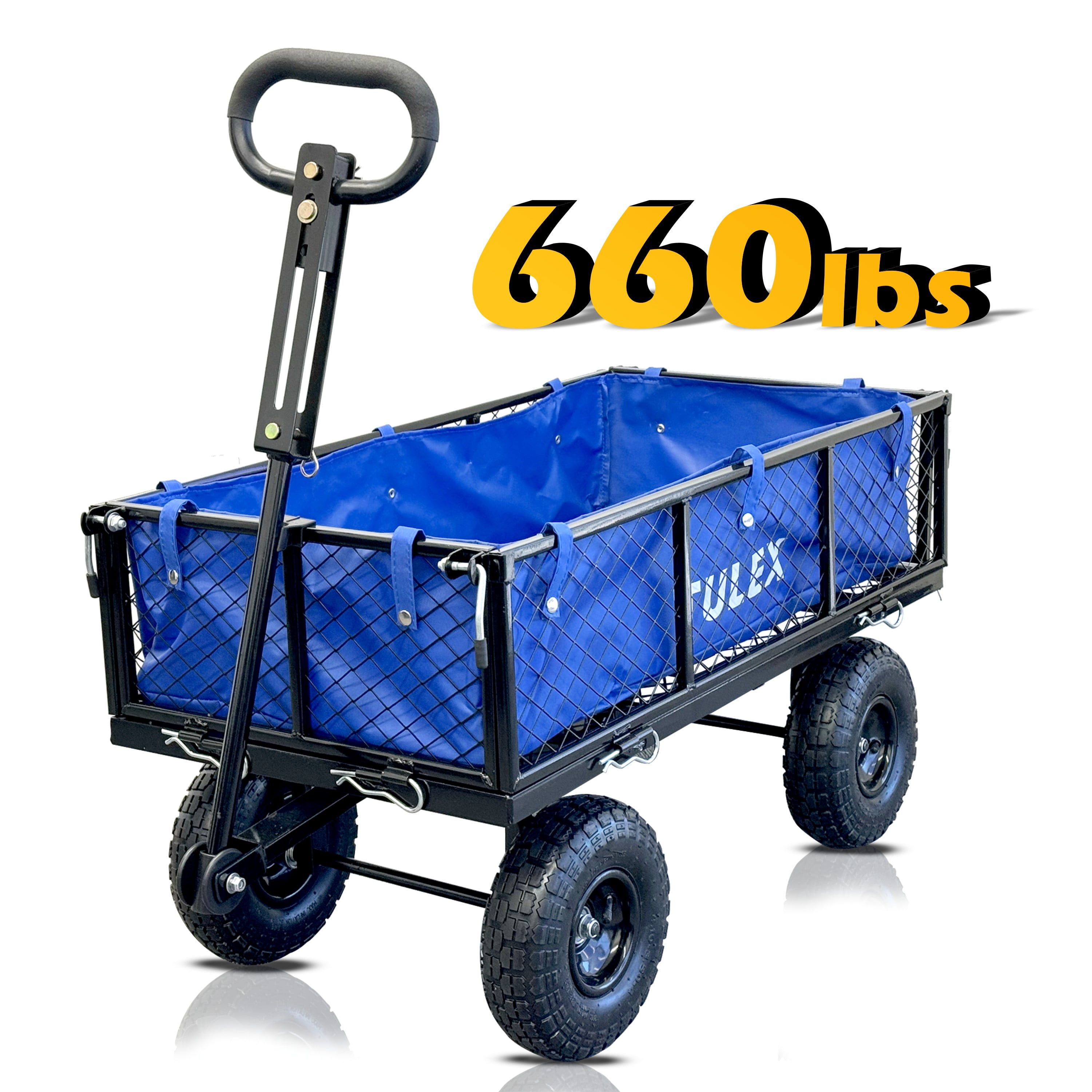 TULEX Heavy Duty 660 lbs Black Steel Garden Cart with Blue Liner