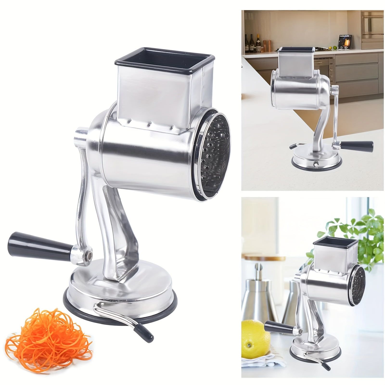 Silvery Stainless Steel 5-Blade Rotary Cheese Grater with Suction Base