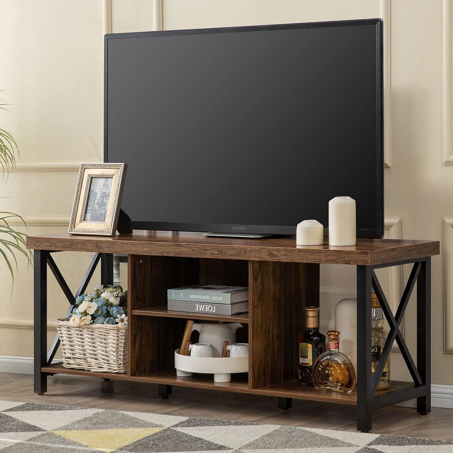 Rustic Brown 50'' TV Stand with Open Shelving and Metal Frame