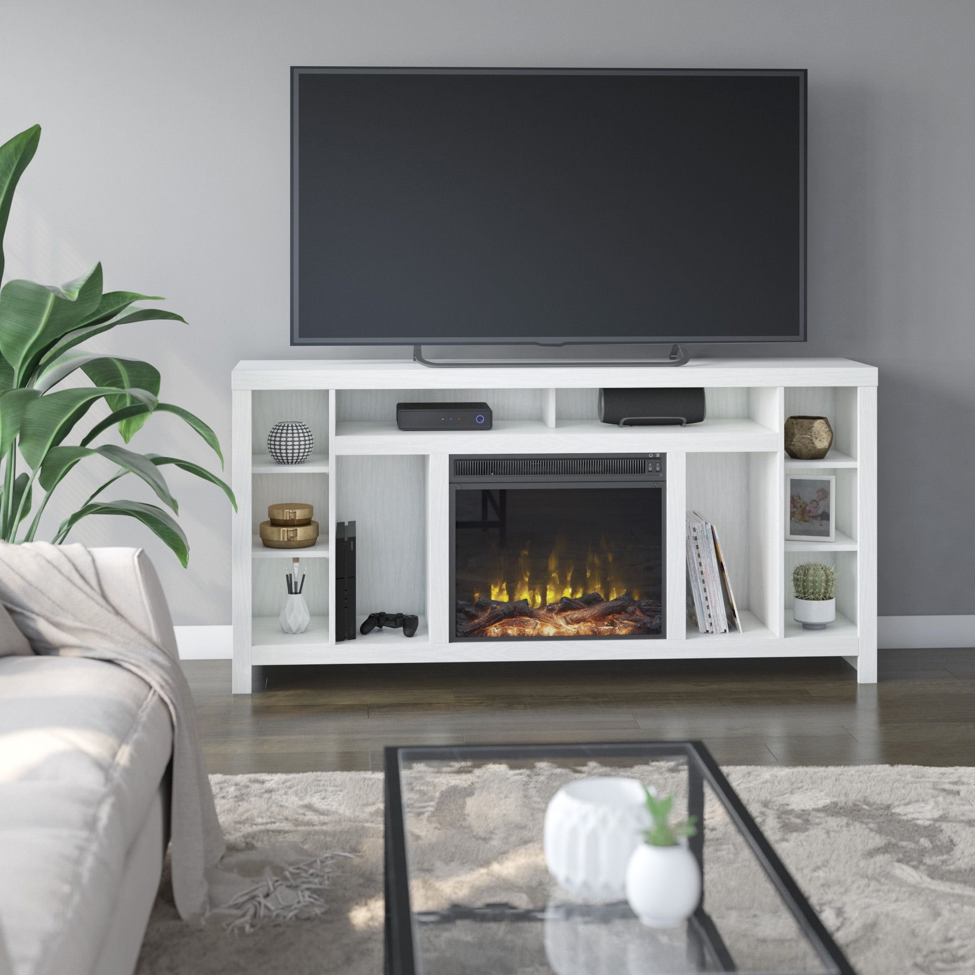 White Wood 68" TV Stand with Electric Fireplace