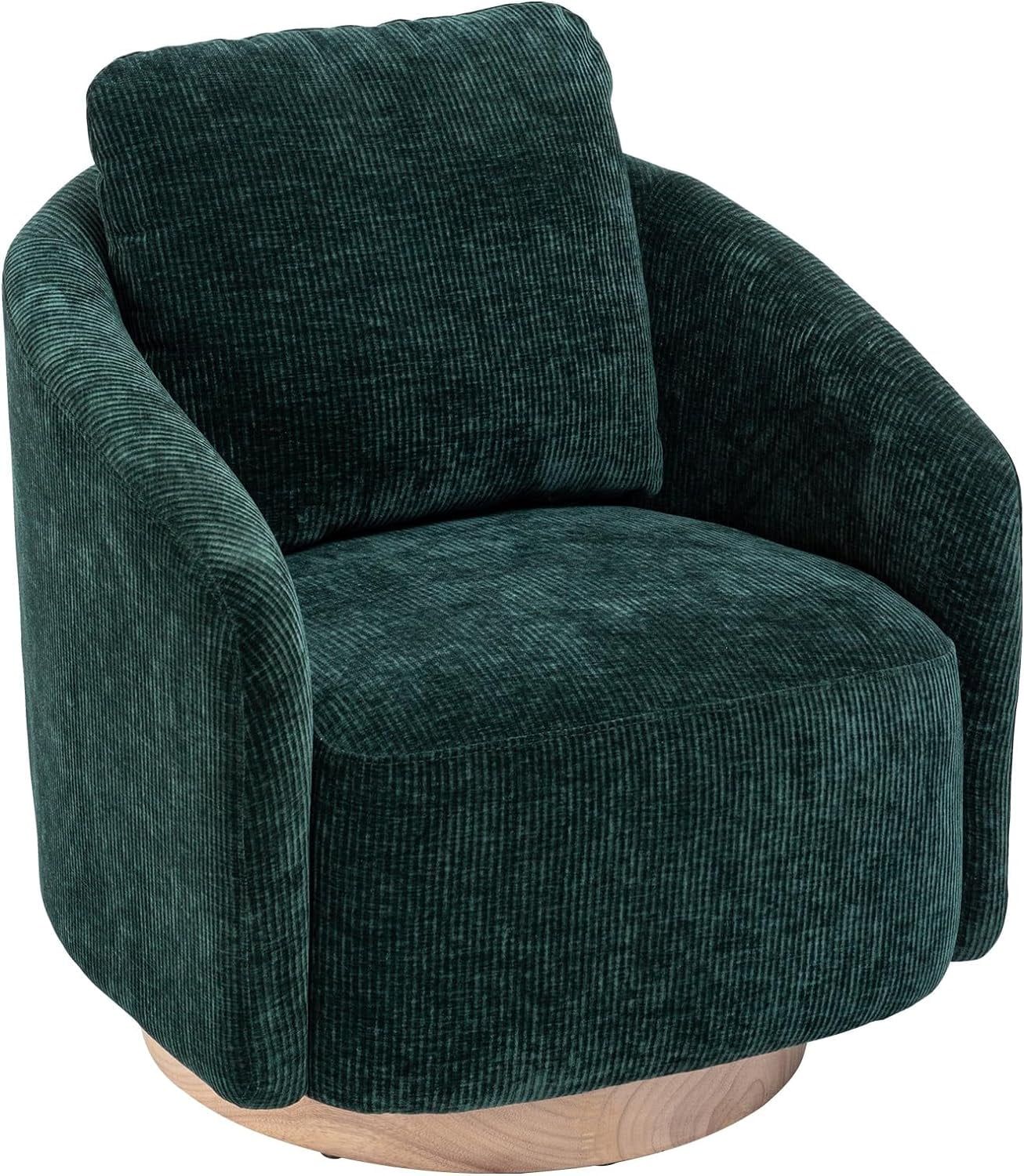 Green Chenille Barrel Swivel Chair with Wood Base