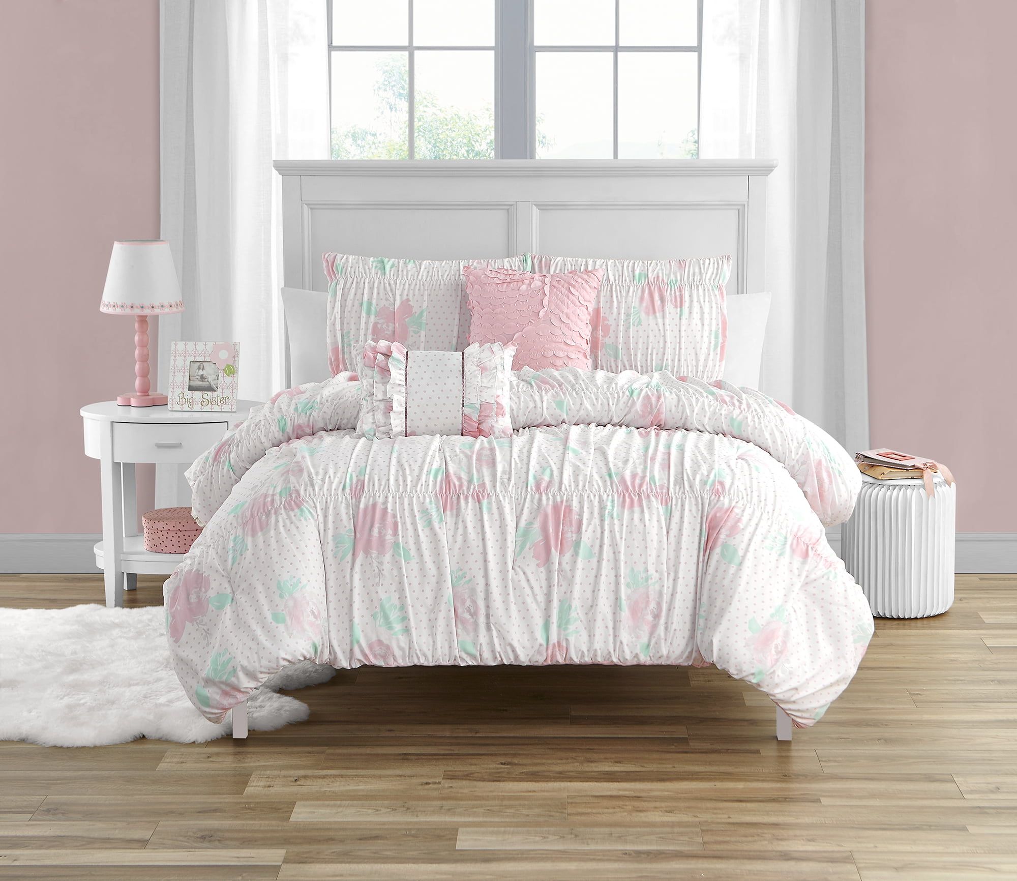 Pink Microfiber Reversible Full Comforter Set with Decorative Pillows