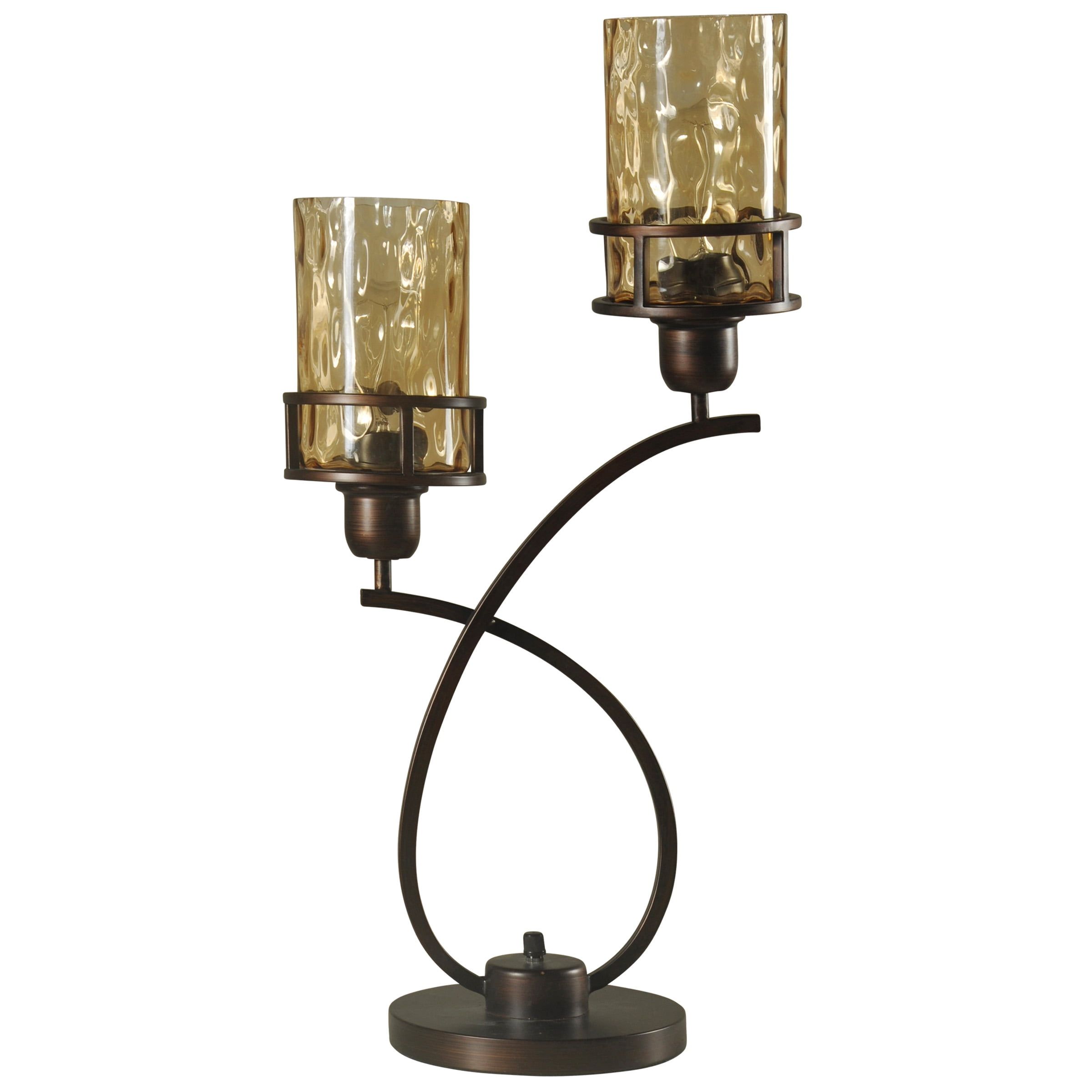 Curved Bronze Dual-Light Table Lamp with Amber Glass Shades