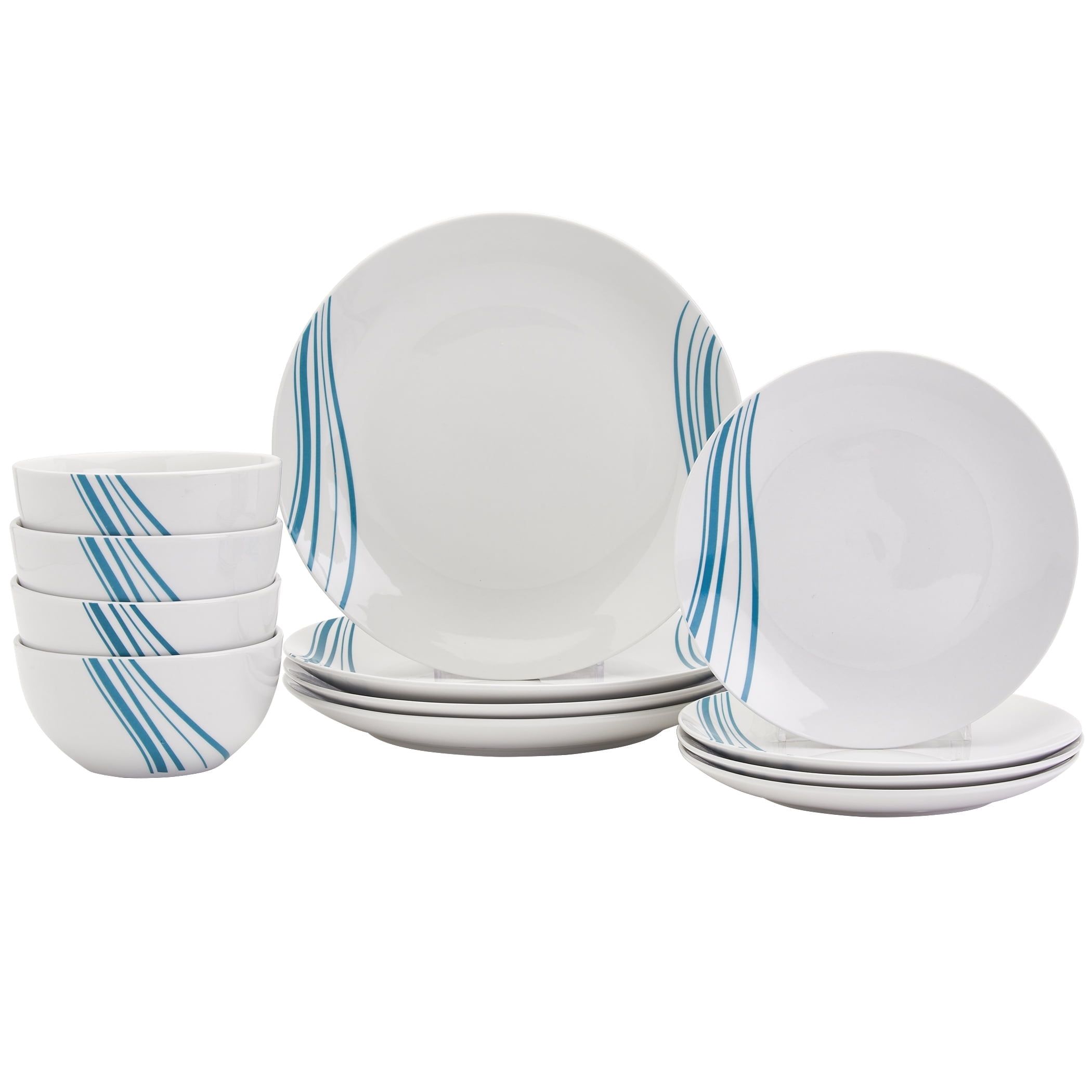 Marina White and Teal Porcelain 12-Piece Dinnerware Set, Service for 4