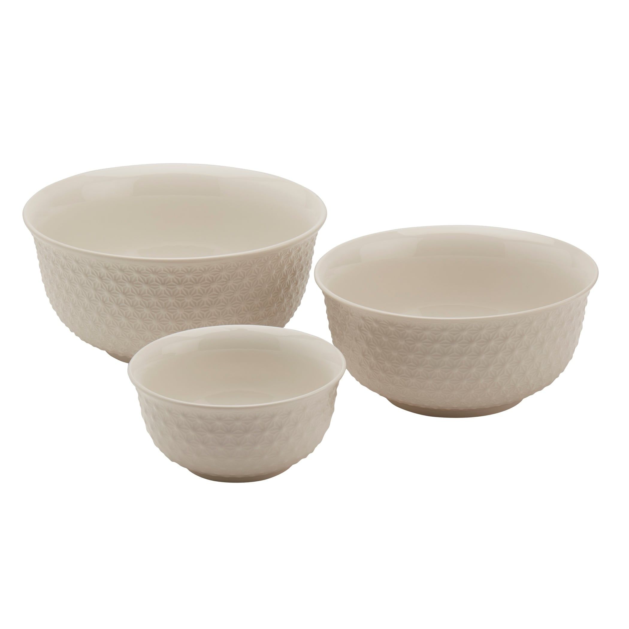 Embossed White Ceramic Microwave Safe Bowl Set, 3 Pieces