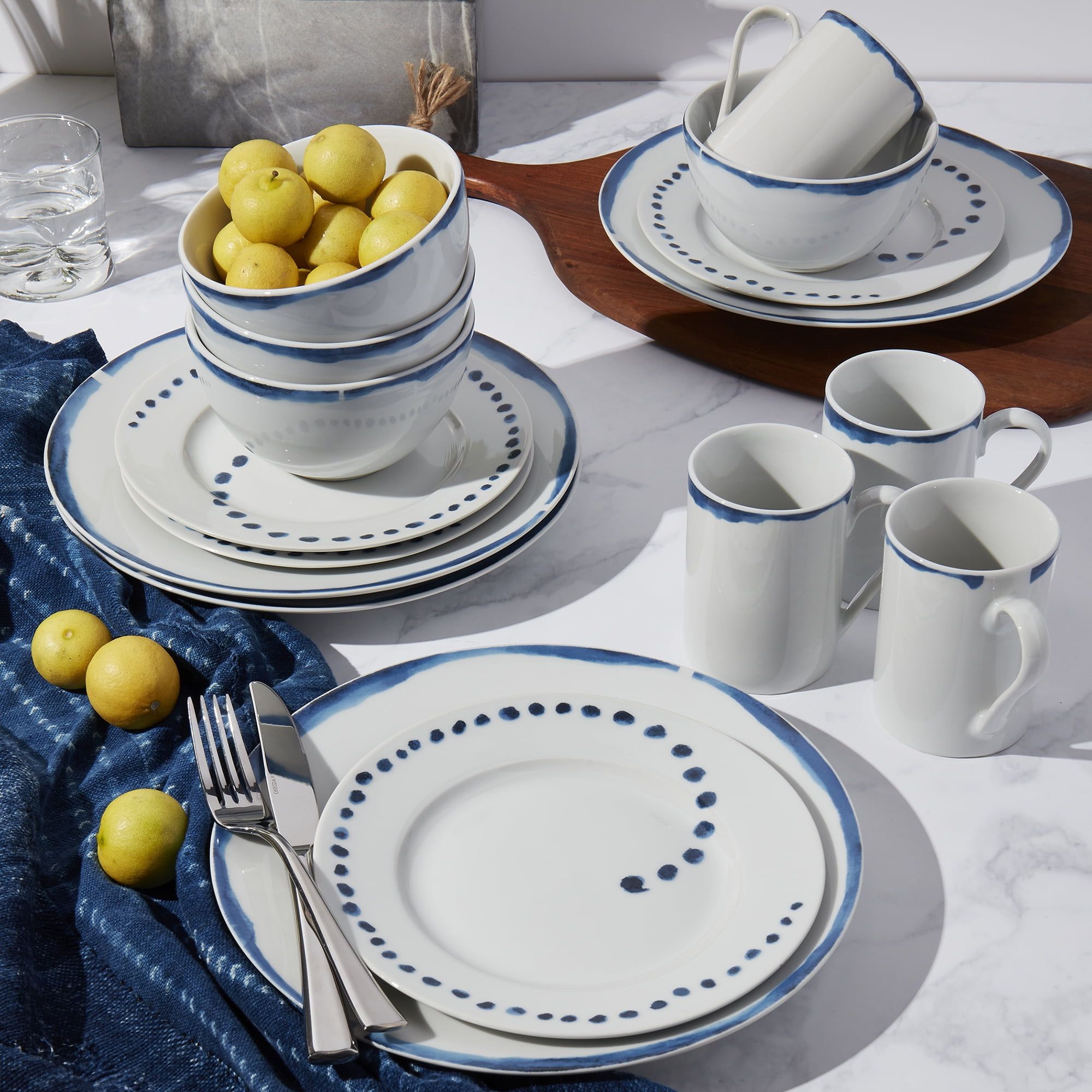 Isla White and Blue Porcelain 16-Piece Dinnerware Set