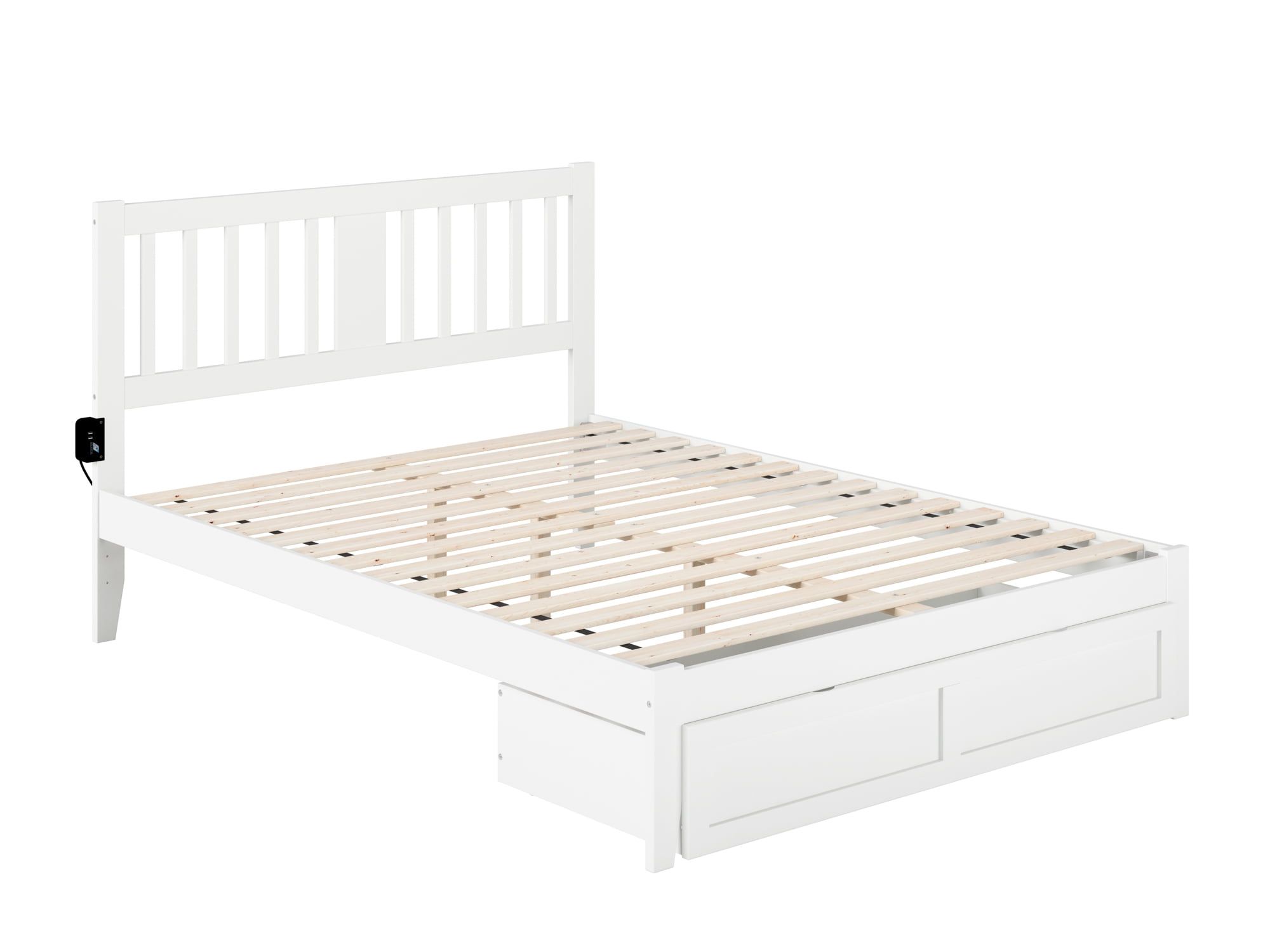 White Queen Wood Platform Bed with Storage Drawer and USB Charger