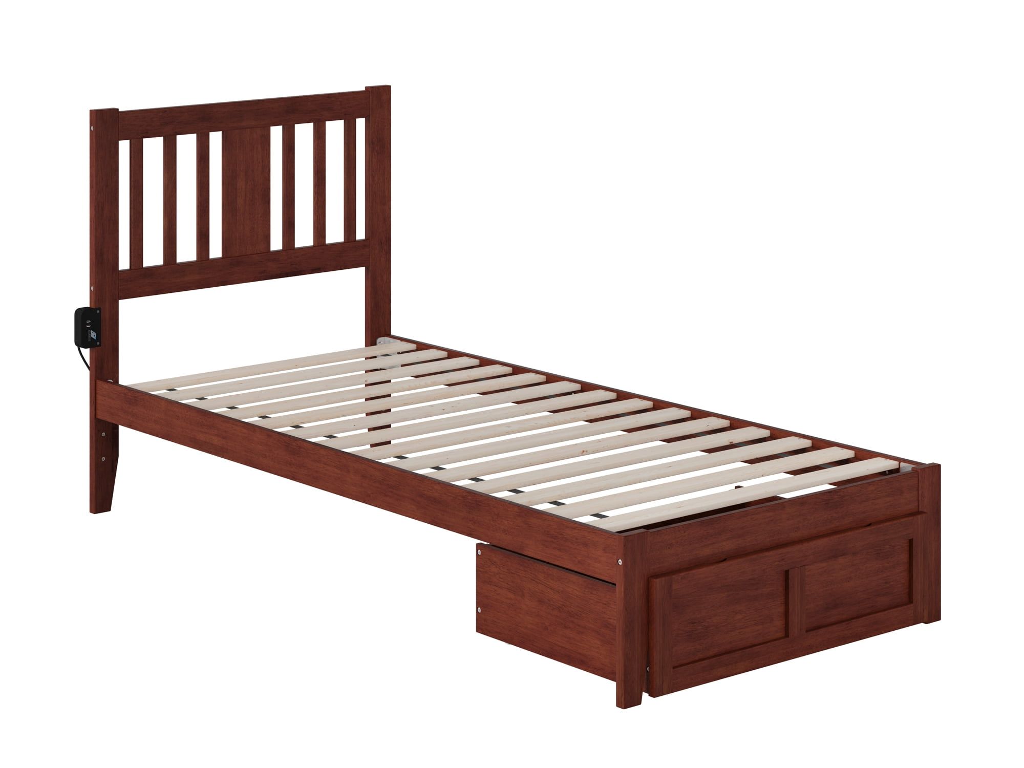 Walnut Twin Wood Frame Bed with Storage Drawer and USB Charger