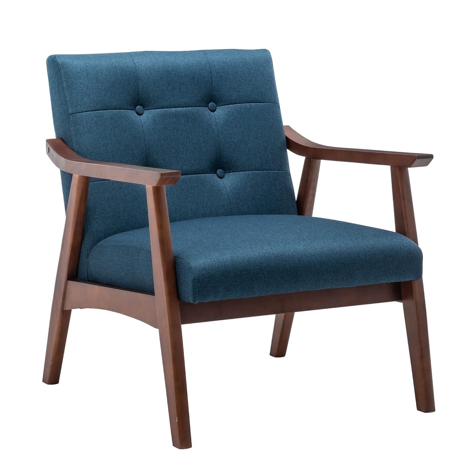 Dark Blue Fabric and Espresso Wood Accent Chair