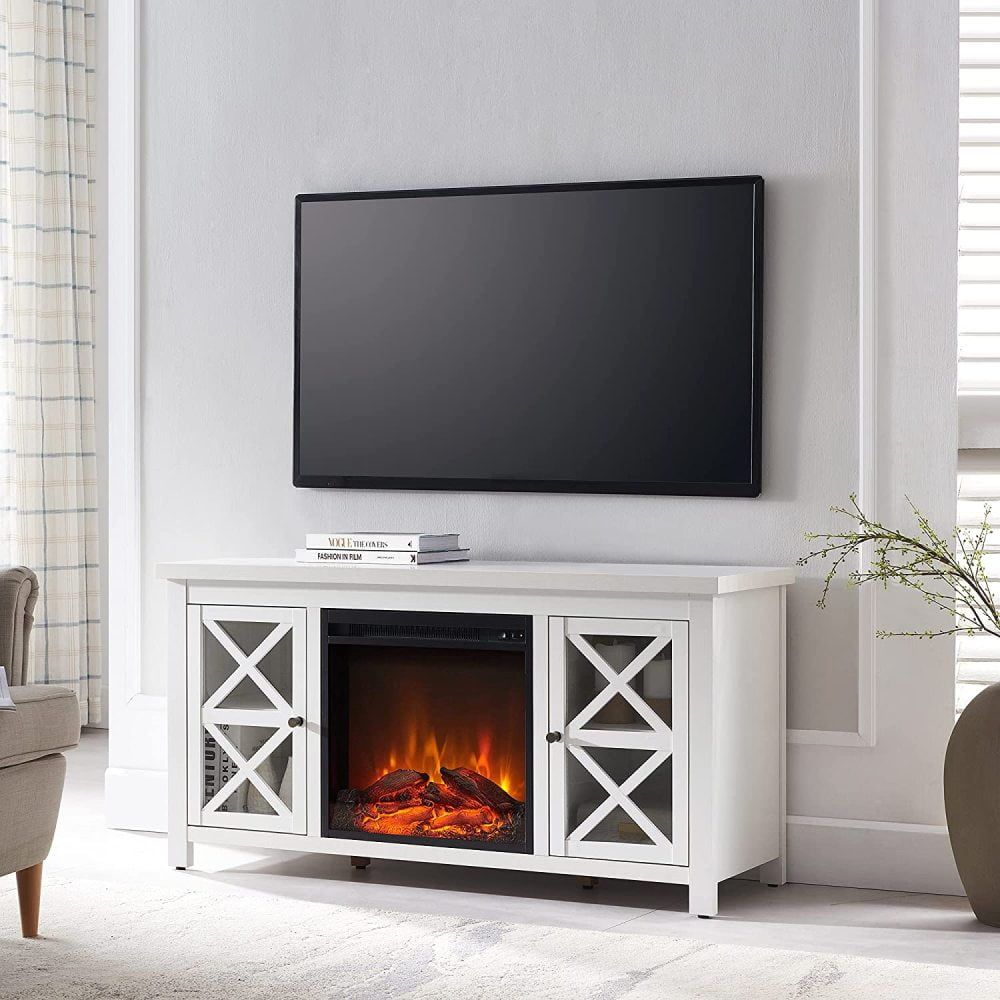 White Rectangular TV Stand with Fireplace and Cabinets