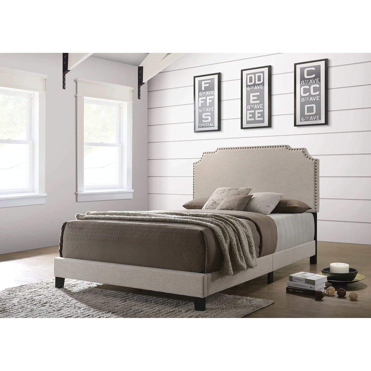 Beige Upholstered Queen Bed with Nailhead Trim and Drawer