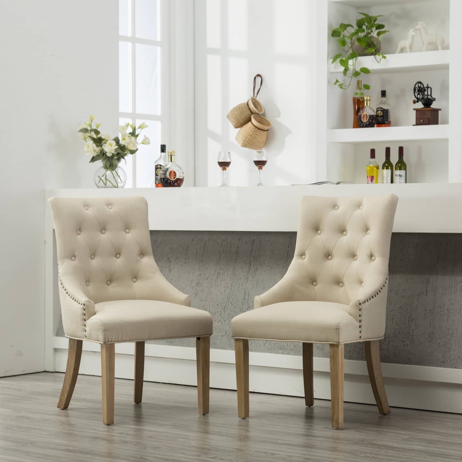 Tan Linen Upholstered Button Tufted Wood Side Chairs Set of 2