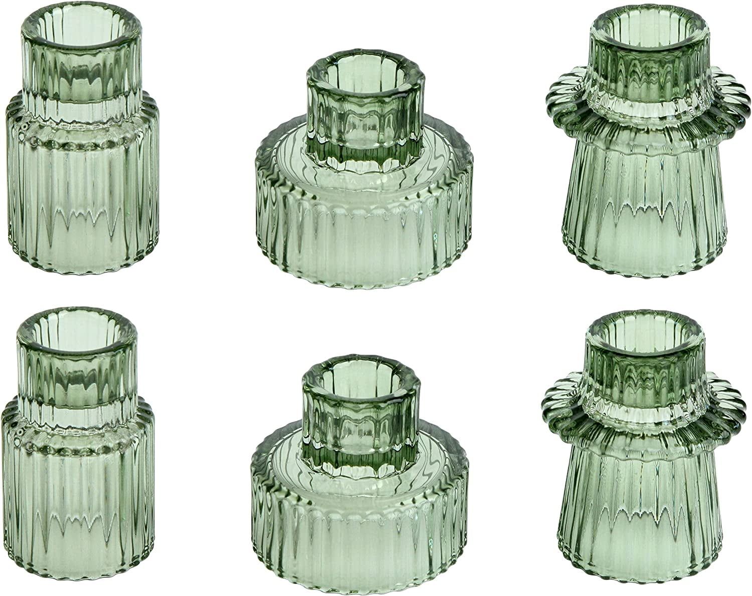 Green Glass Taper Candle Holders Set of 6