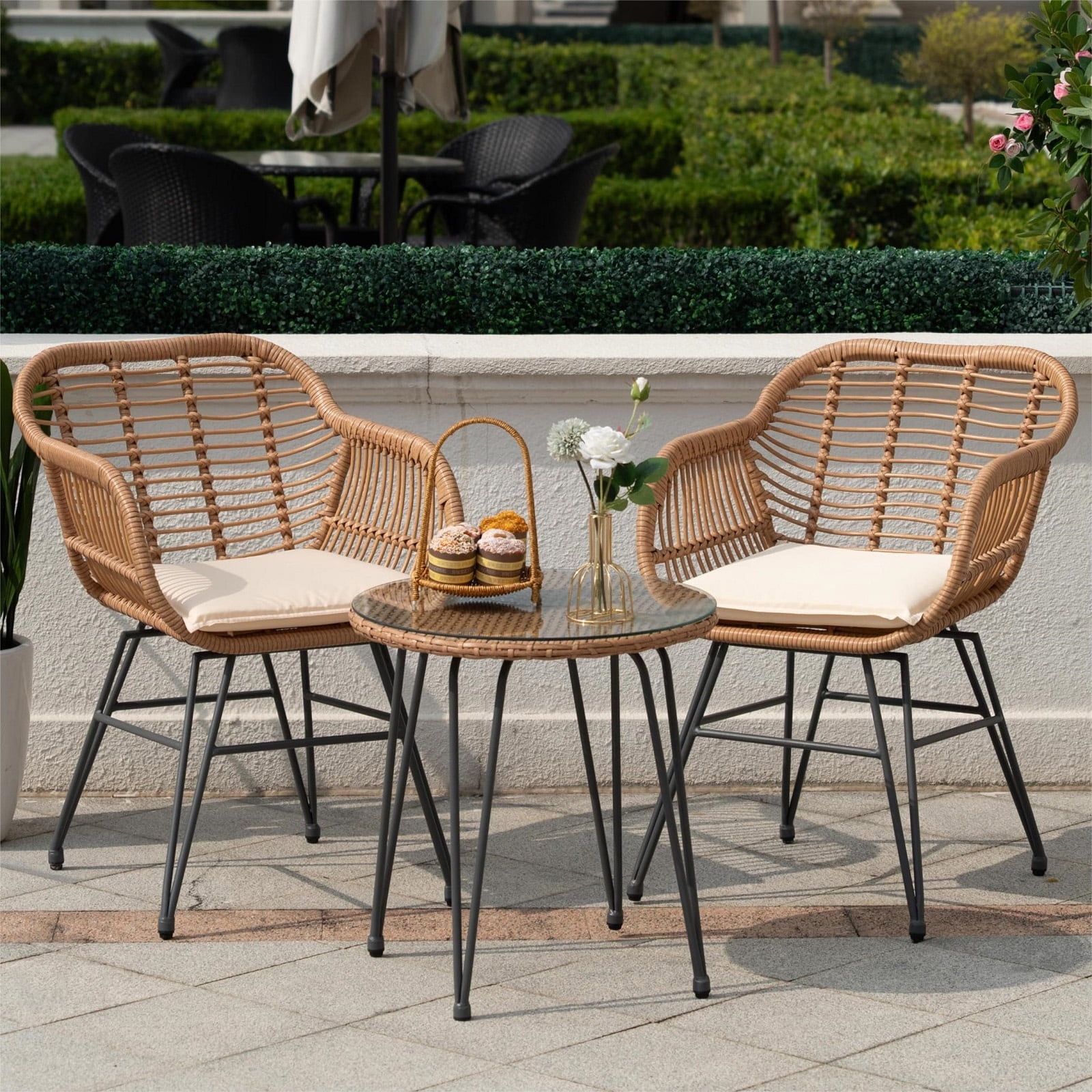 Beige PE Rattan 3-Piece Outdoor Bistro Set with Cushions