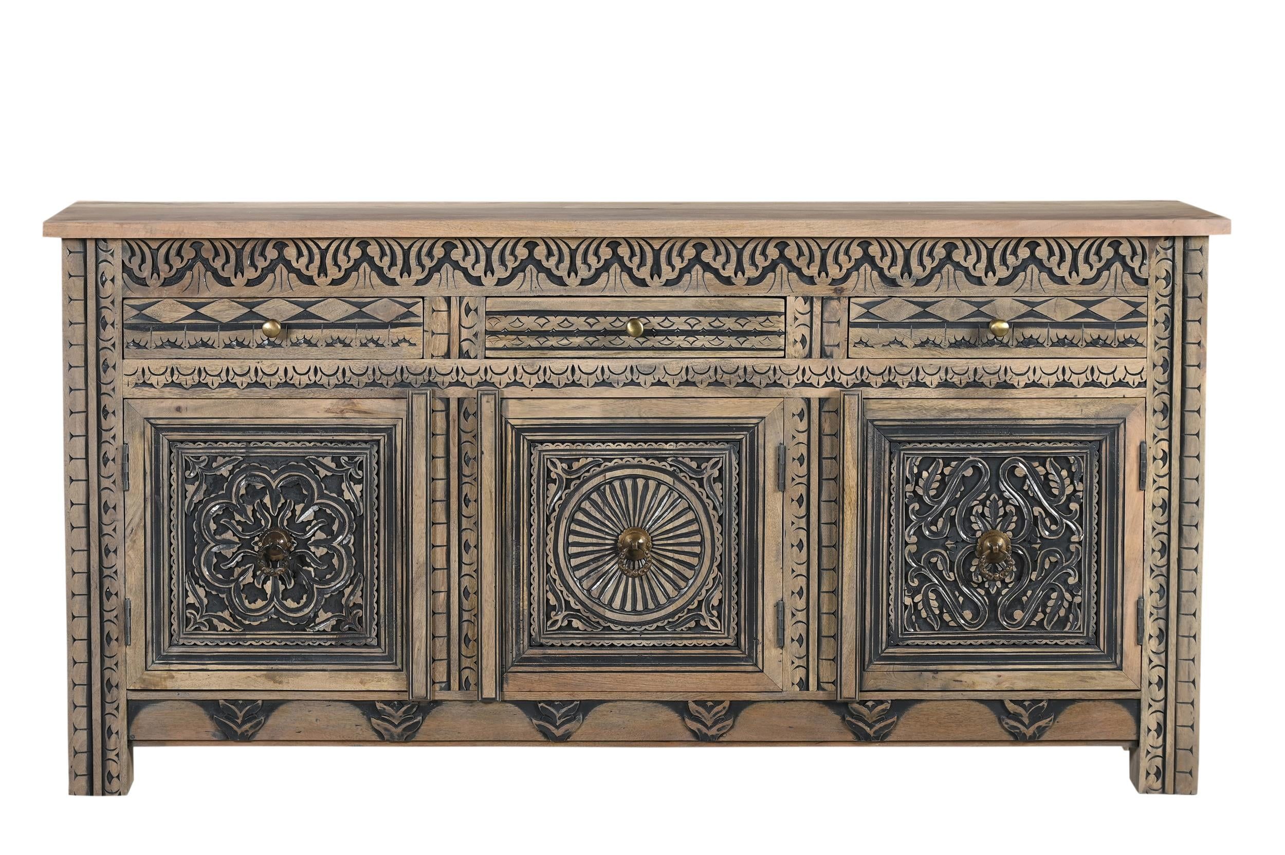 Isabella Beige and Black Carved Solid Wood Sideboard