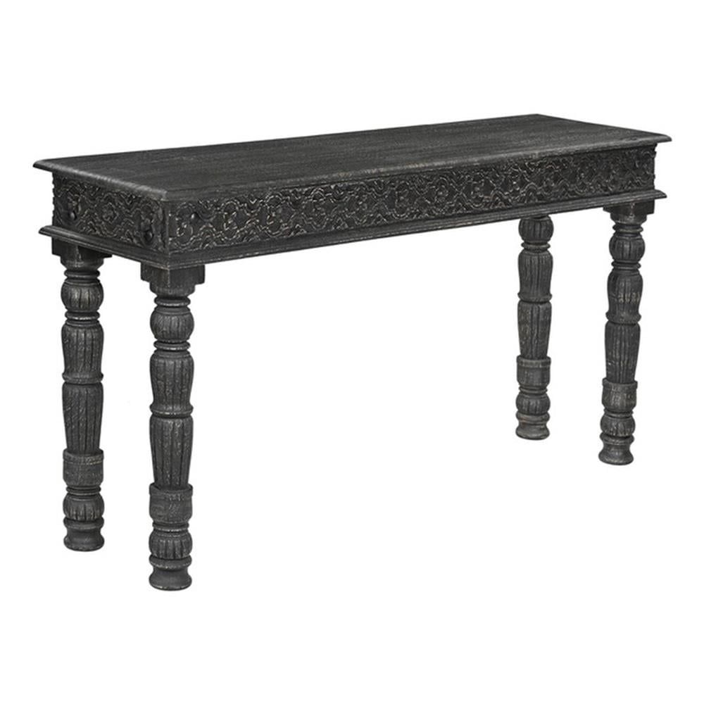 Antique Black Solid Mango Wood Carved Console Table, 57"