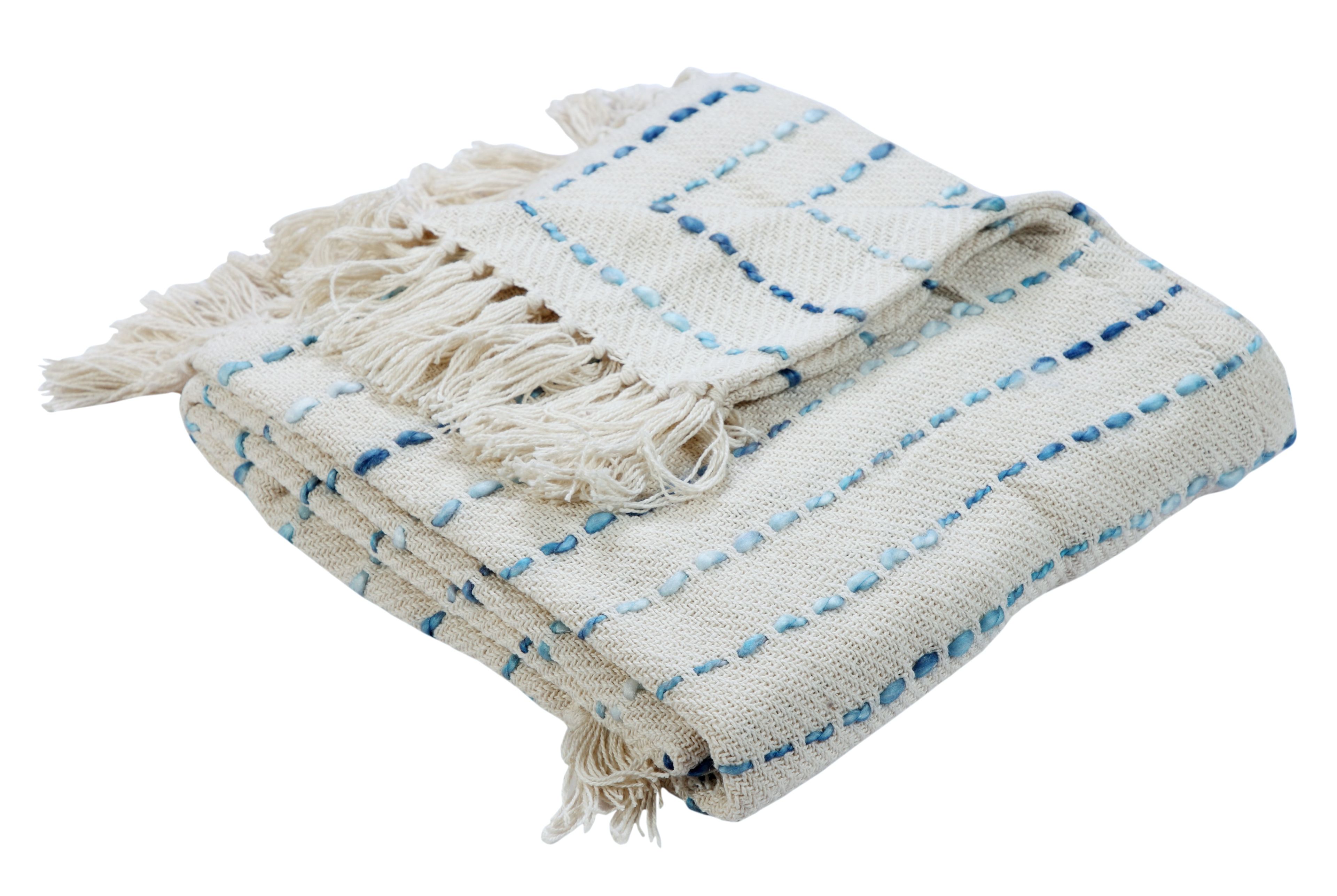 Cream and Blue Cotton Reversible Throw Blanket, 50" x 60"