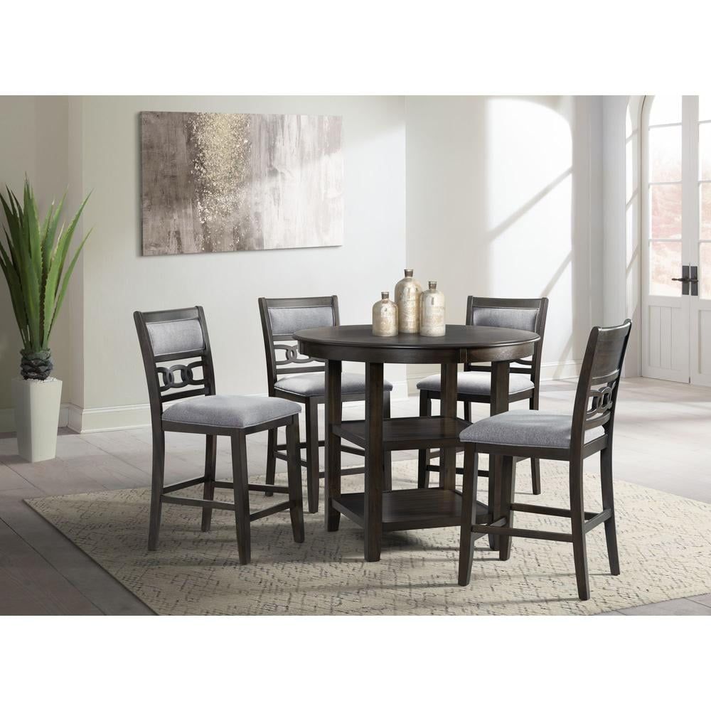 Walnut Counter Height Dining Set with Gray Upholstered Chairs