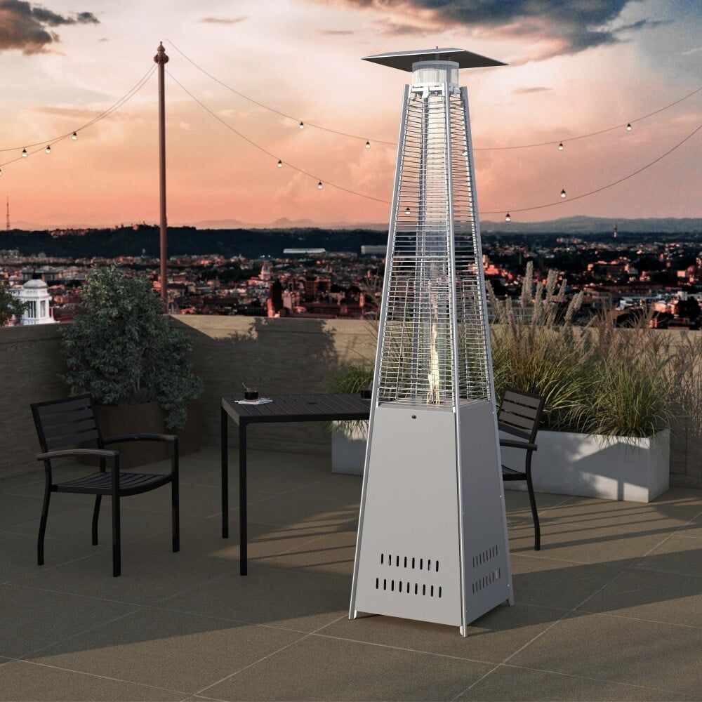 Silver Stainless Steel Pyramid Propane Patio Heater with Wheels