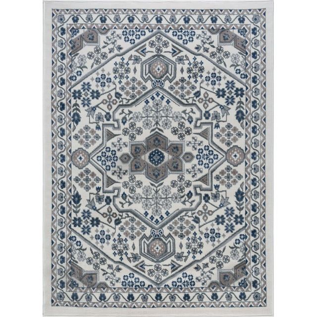 Hampton Cream and Navy Blue Synthetic 5' x 7' Area Rug