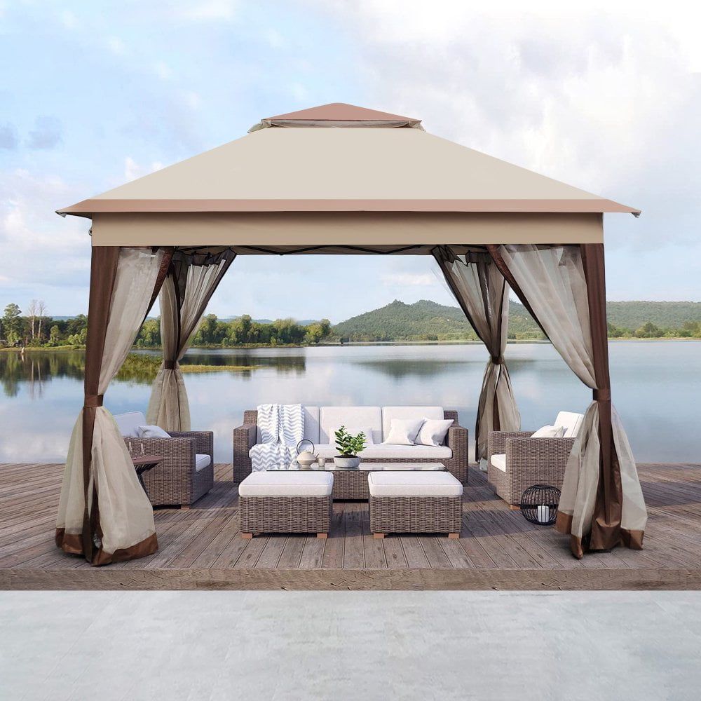 11x11 ft Brown Metal Patio Gazebo with Netting and 2-Tier Roof